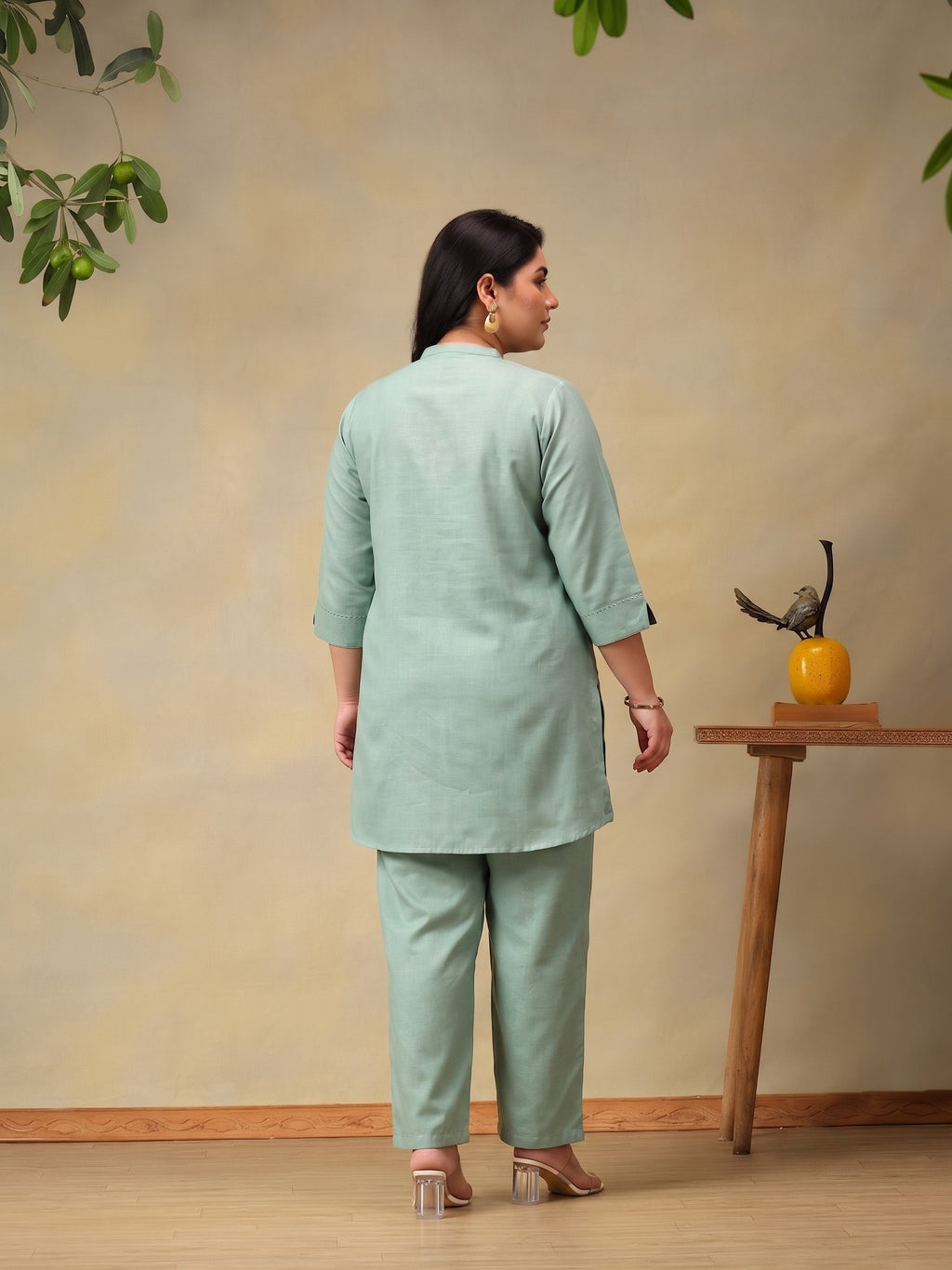 Green Plus Size Summer Checks Solid Tunic with Trousers