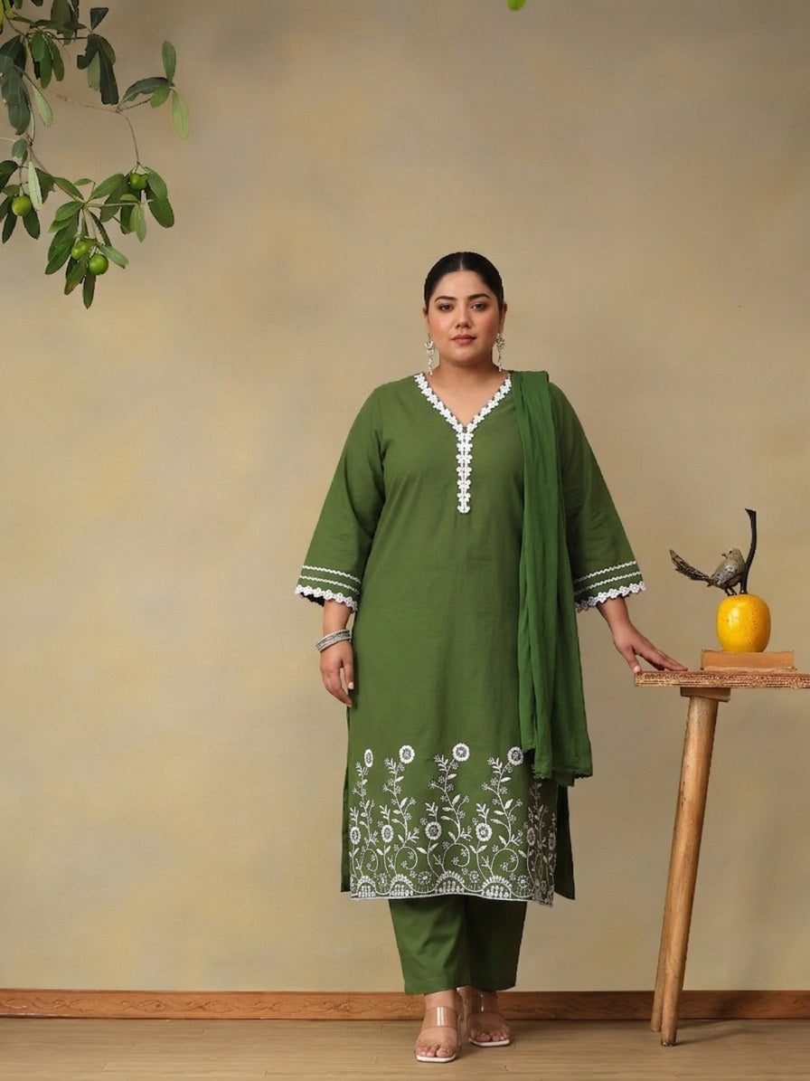 Women Floral Embroidered Regular Thread Work Pure Cotton Kurta with Palazzos & With Dupatta