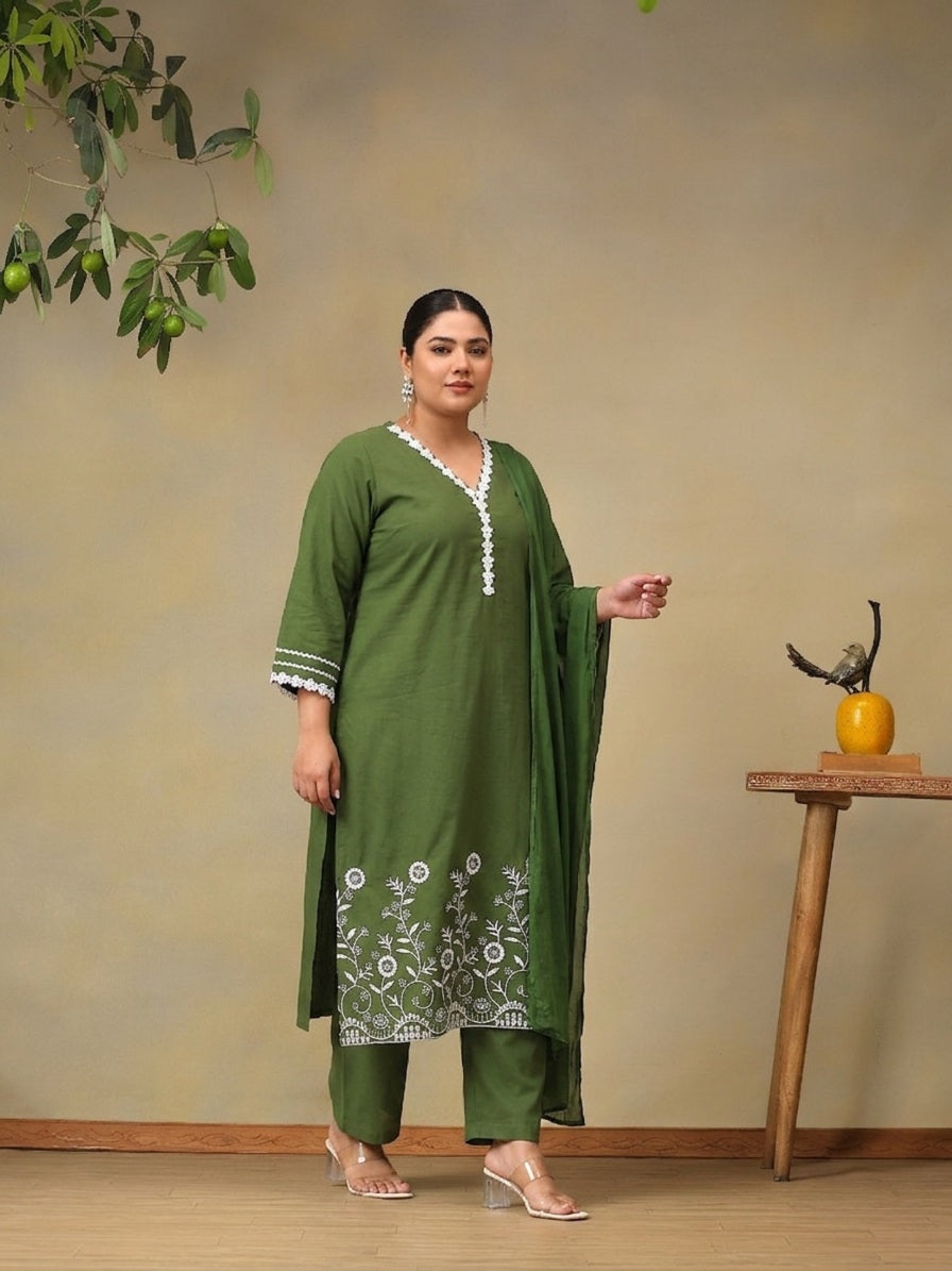 Women Floral Embroidered Regular Thread Work Pure Cotton Kurta with Palazzos & With Dupatta