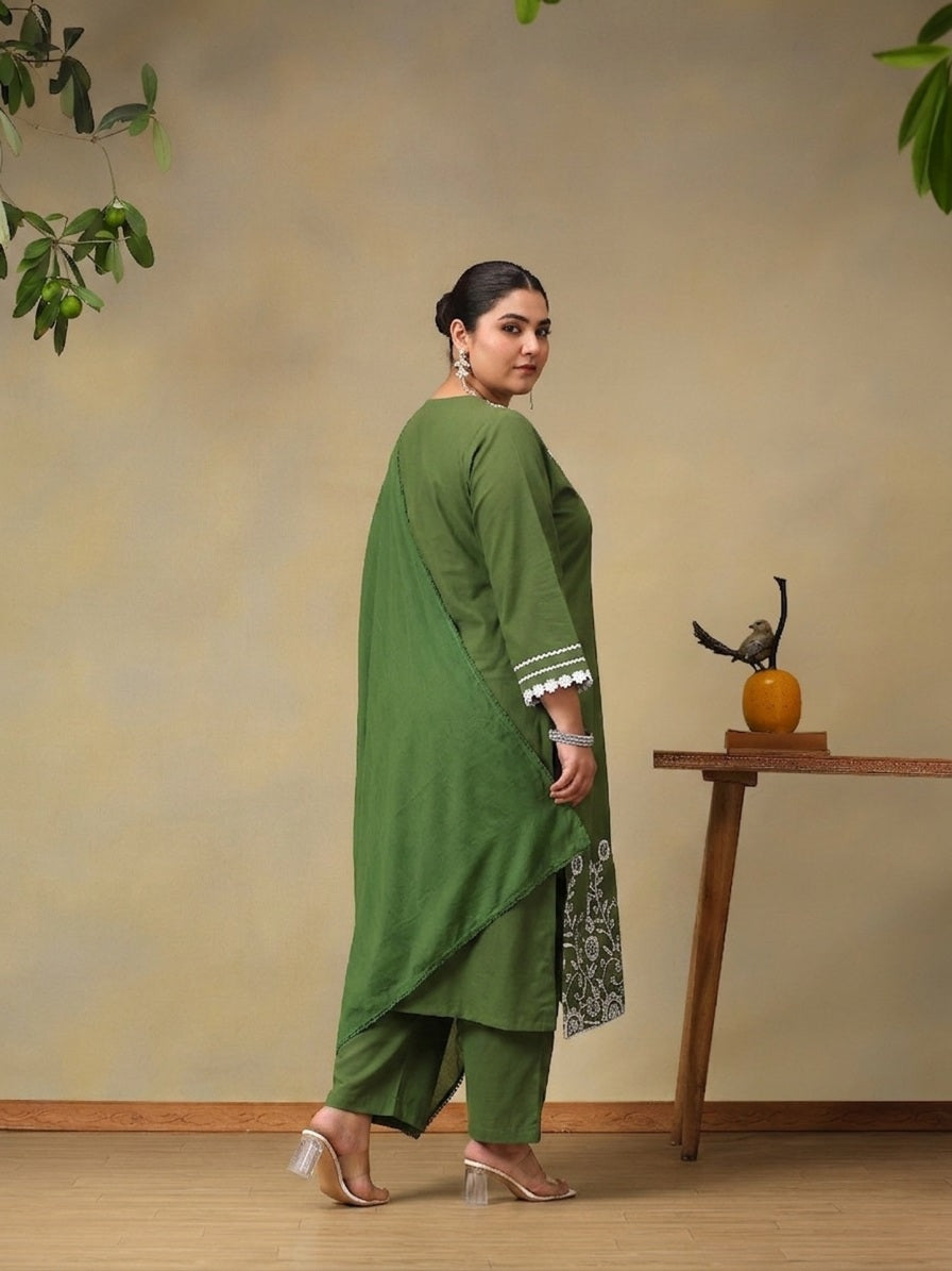 Women Floral Embroidered Regular Thread Work Pure Cotton Kurta with Palazzos & With Dupatta