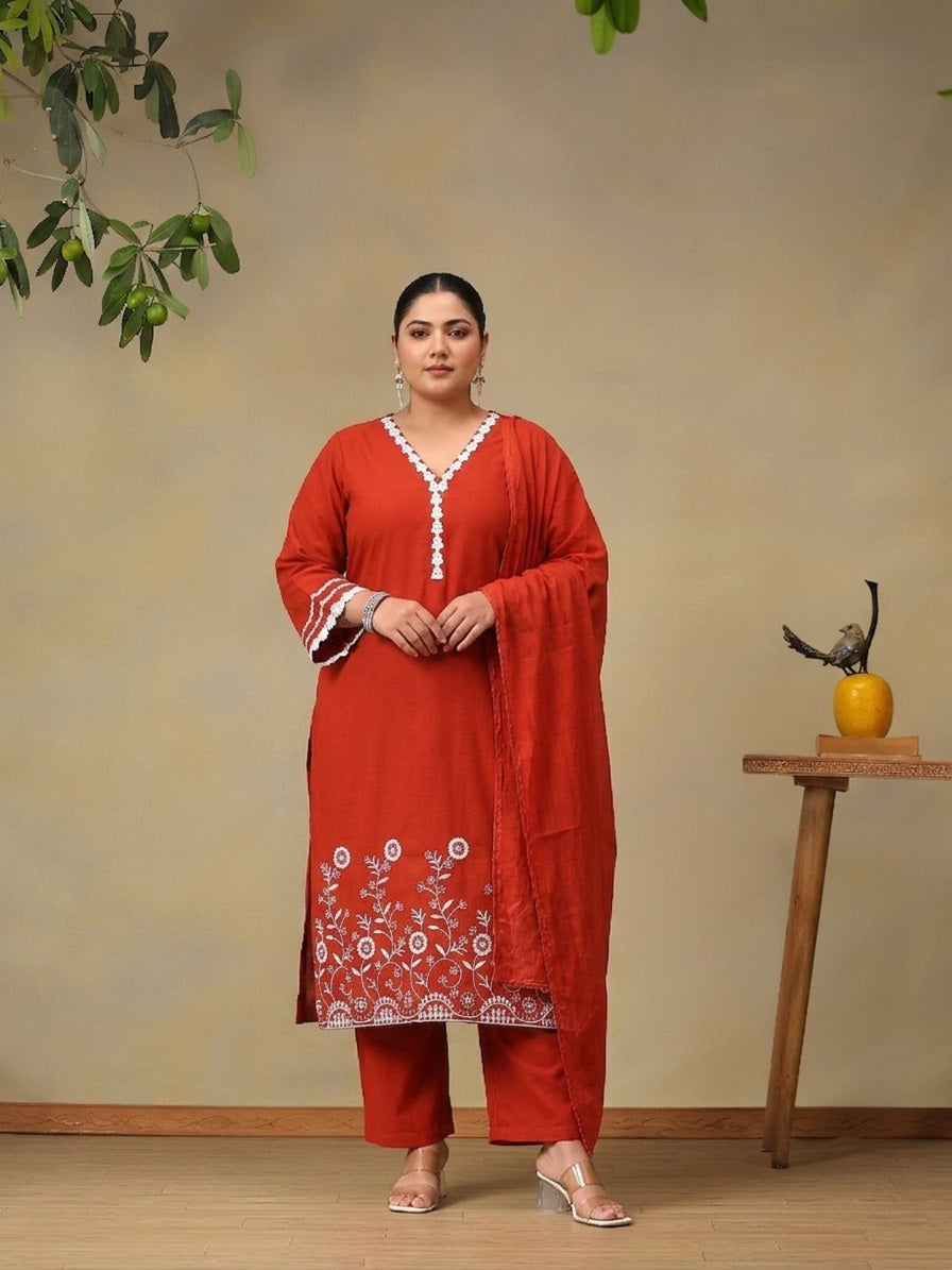 Women Floral Embroidered Regular Thread Work Pure Cotton Kurta with Palazzos & With Dupatta
