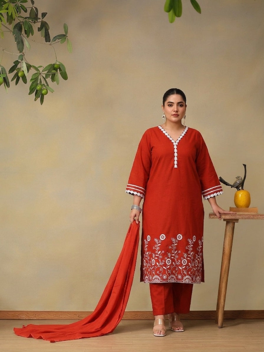 Women Floral Embroidered Regular Thread Work Pure Cotton Kurta with Palazzos & With Dupatta