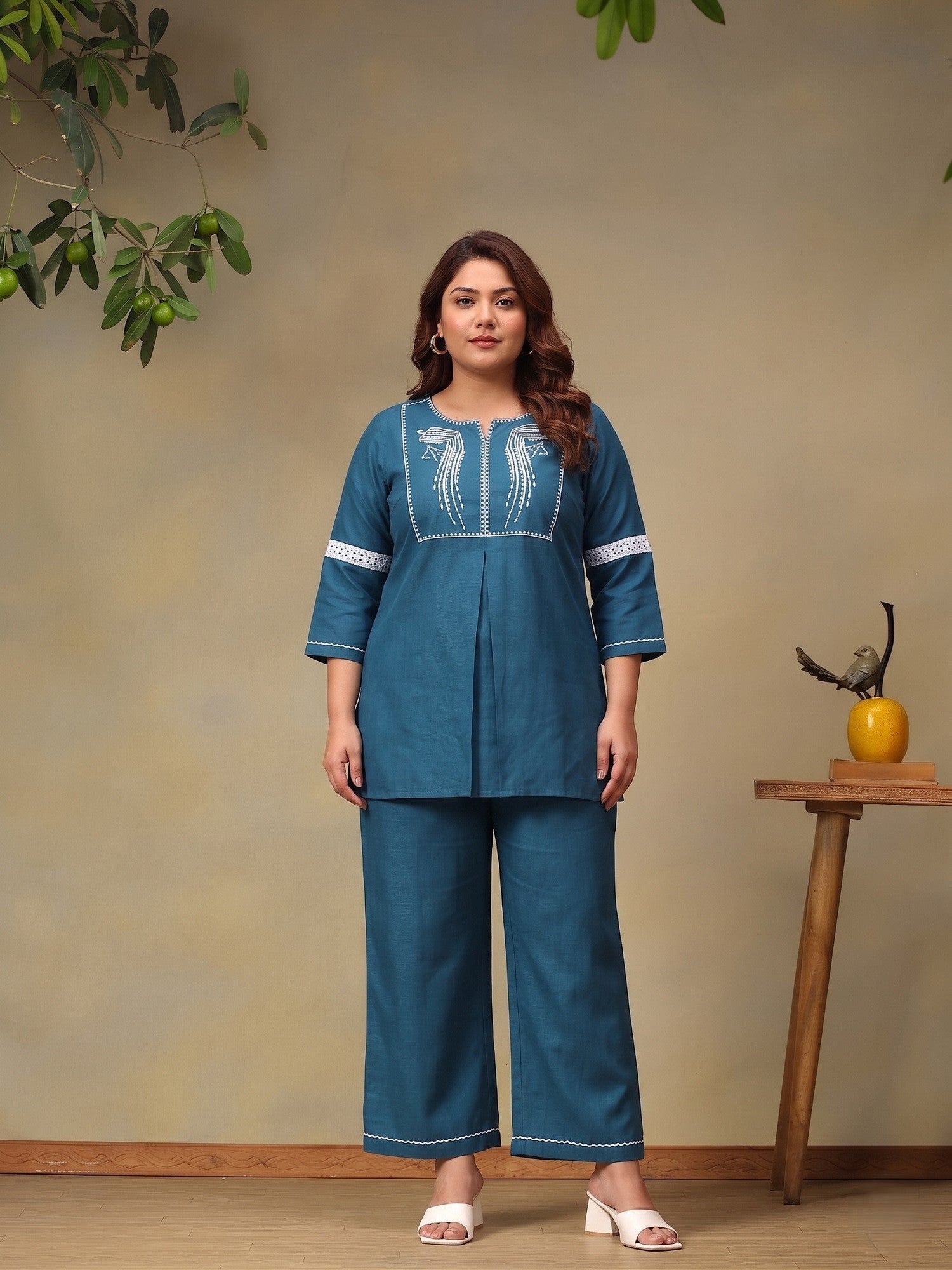 Embroidered Plus Size Round Neck Tunic With Trouser Co-Ords