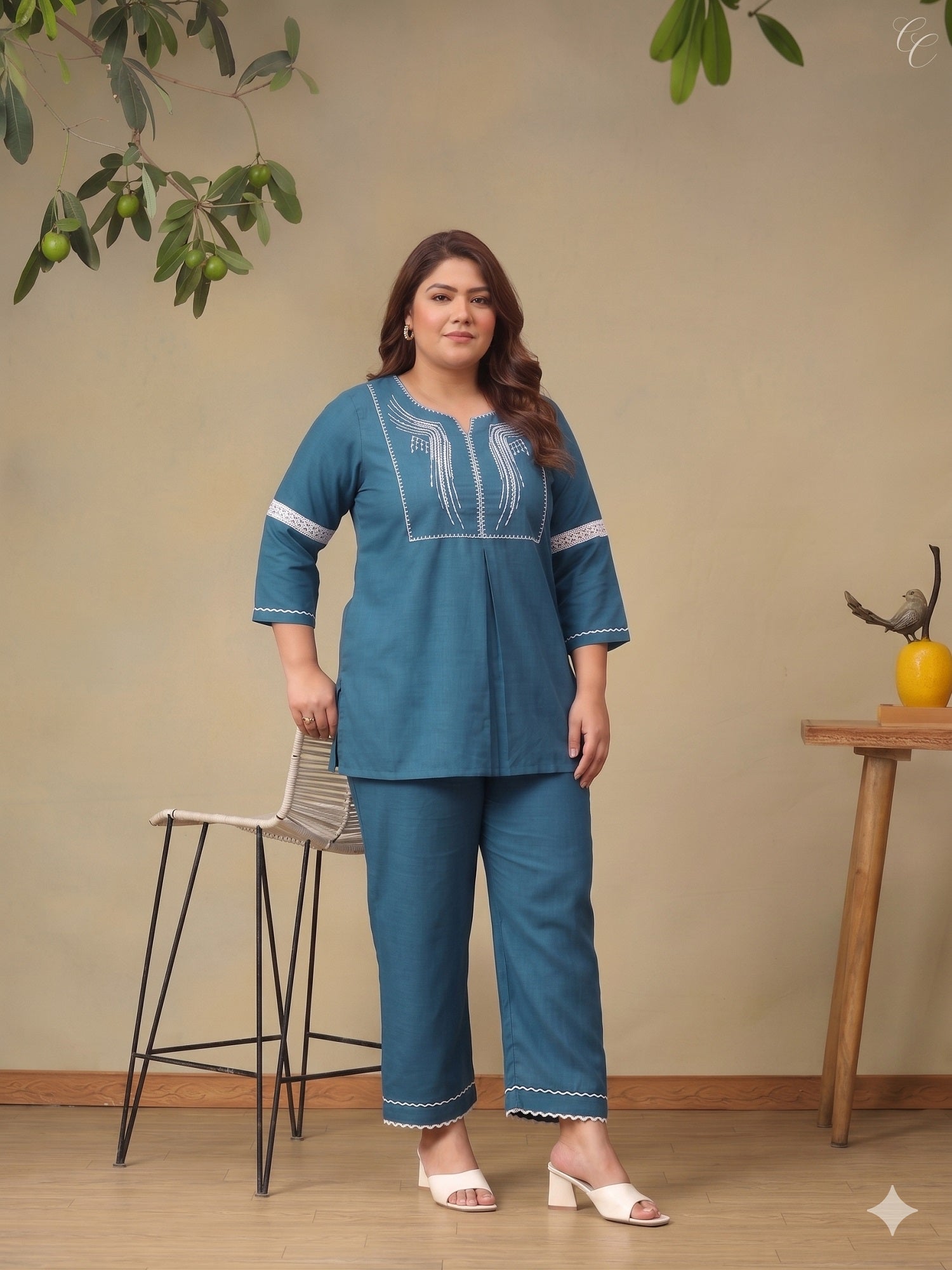 Embroidered Plus Size Round Neck Tunic With Trouser Co-Ords