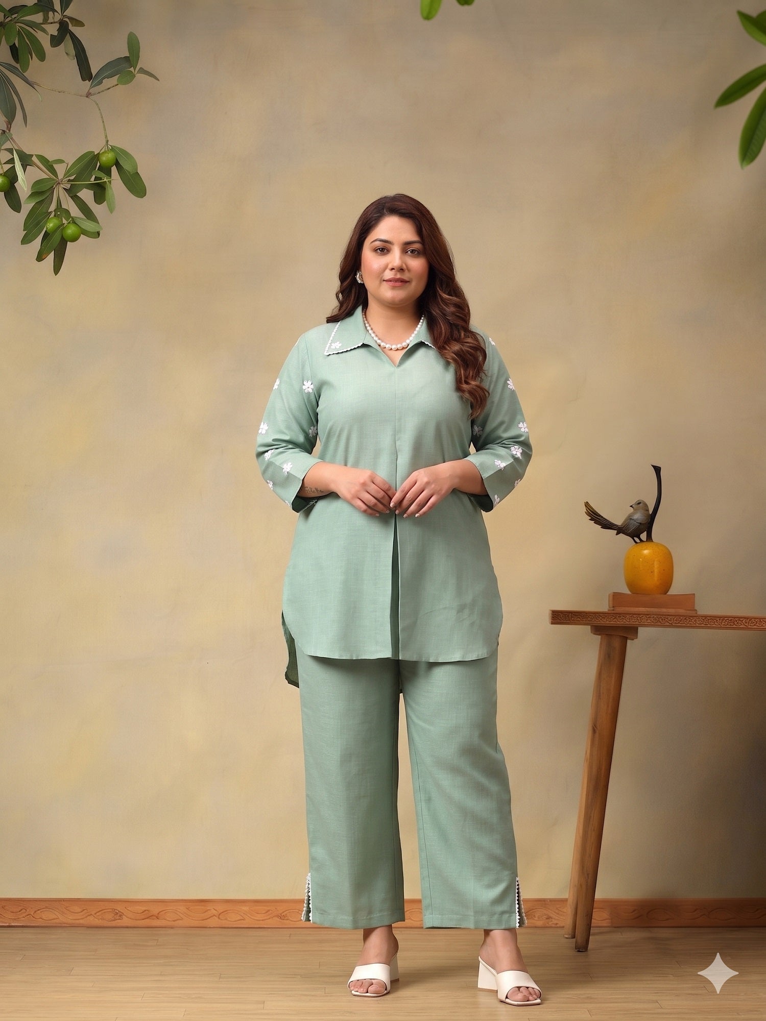 Floral Embroidered Plus Size Shirt Collar Co-Ord Set