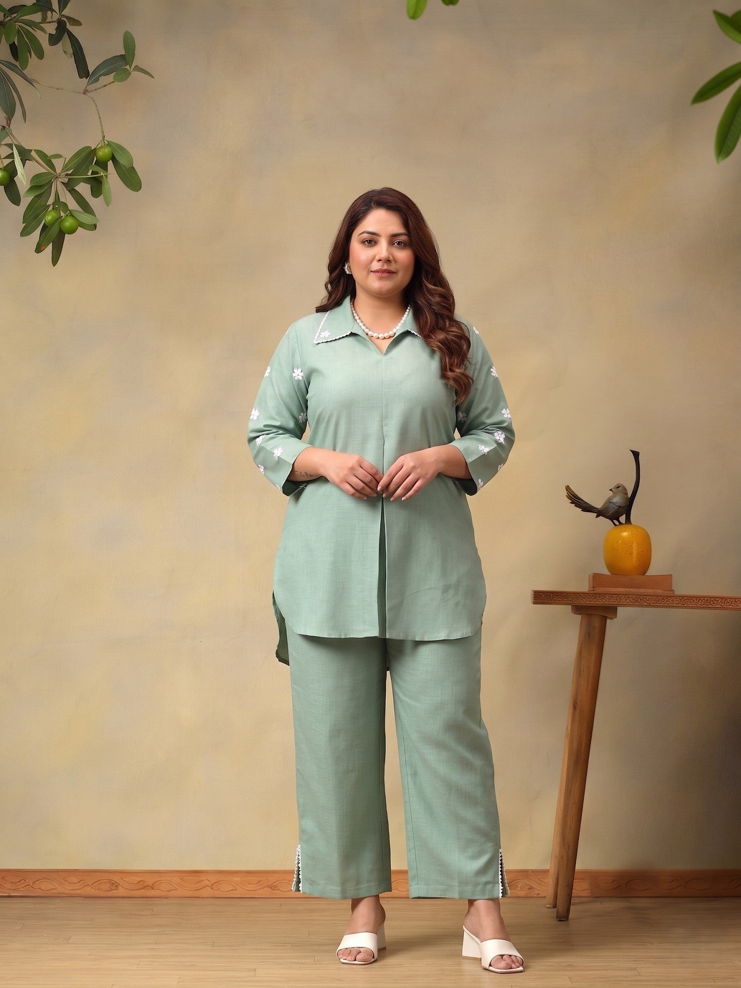 Floral Embroidered Plus Size Shirt Collar Co-Ord Set