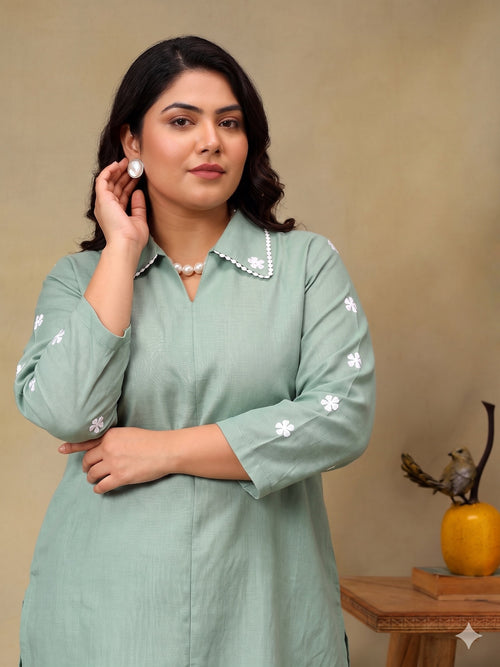 Floral Embroidered Plus Size Shirt Collar Co-Ord Set