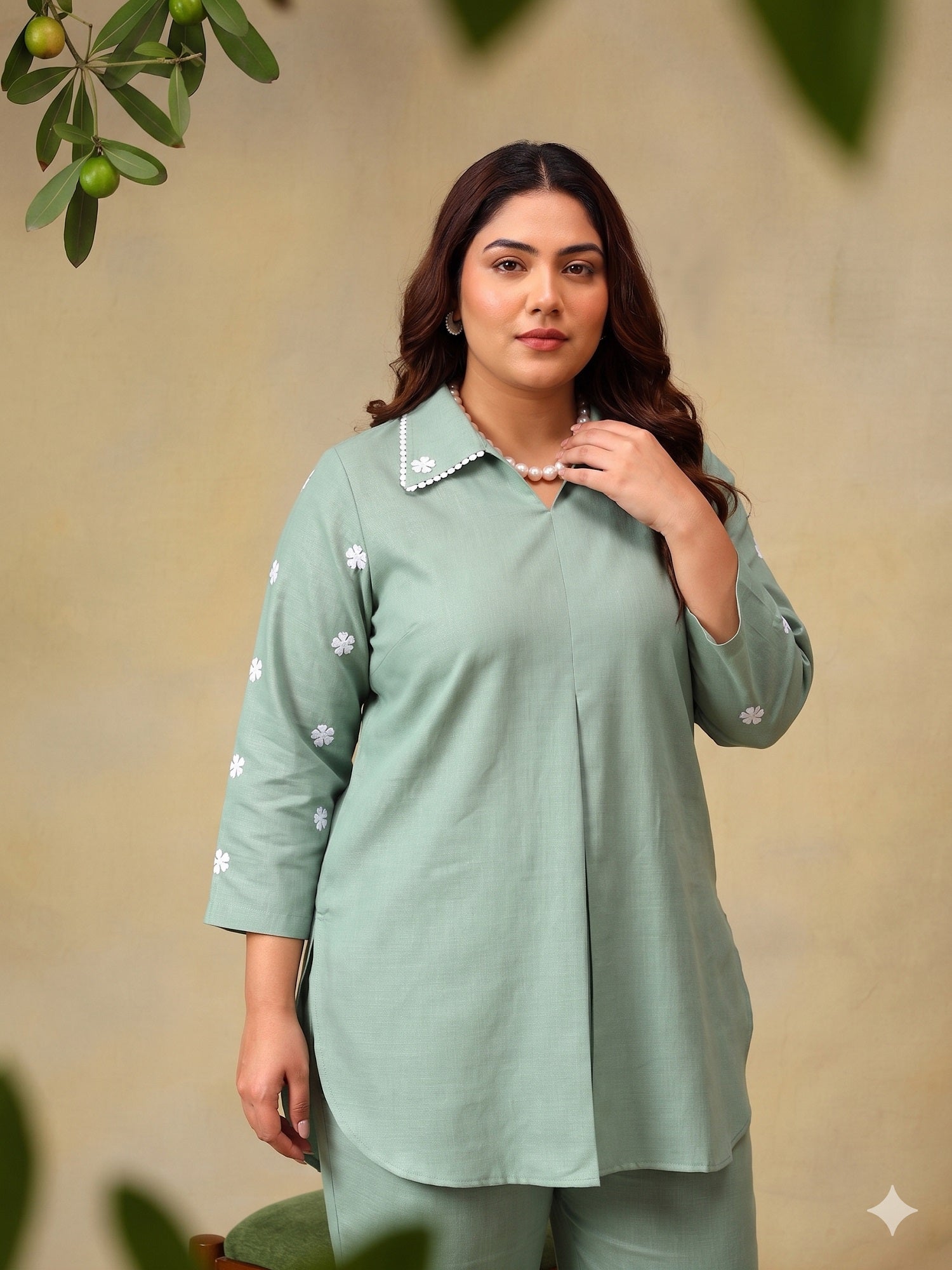 Floral Embroidered Plus Size Shirt Collar Co-Ord Set