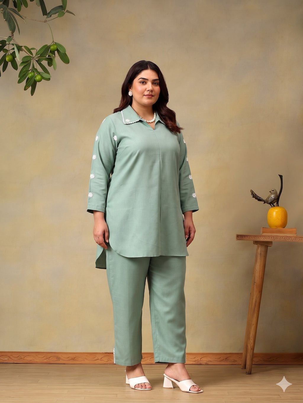 Floral Embroidered Plus Size Shirt Collar Co-Ord Set