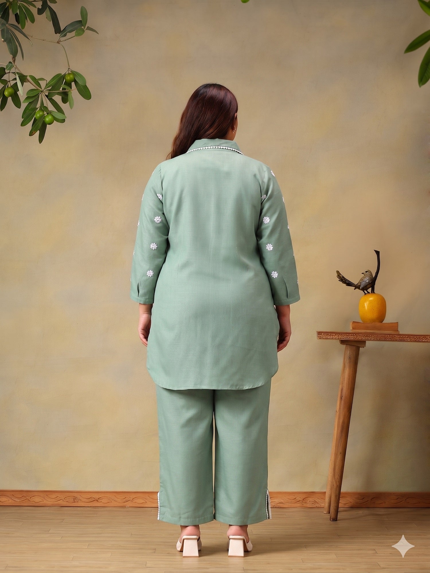 Floral Embroidered Plus Size Shirt Collar Co-Ord Set