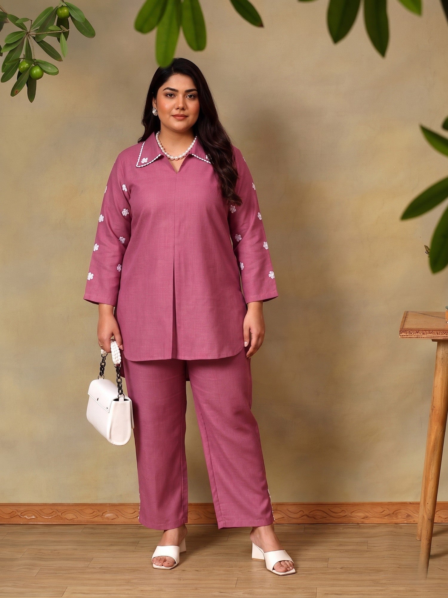 Floral Embroidered Plus Size Shirt Collar Co-Ord Set
