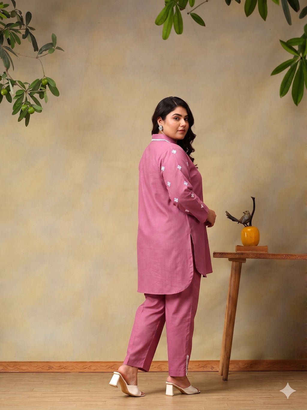 Floral Embroidered Plus Size Shirt Collar Co-Ord Set