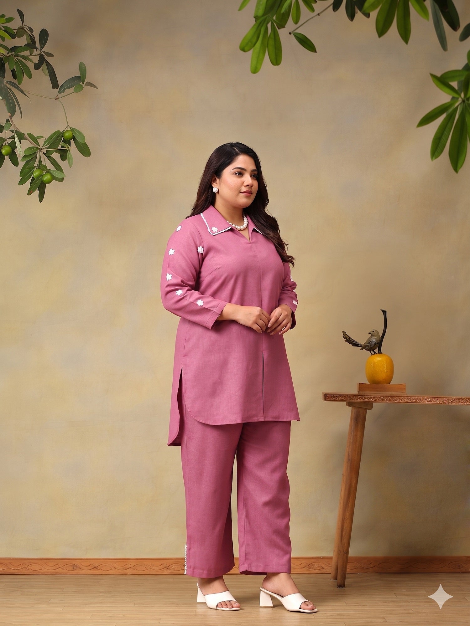 Floral Embroidered Plus Size Shirt Collar Co-Ord Set