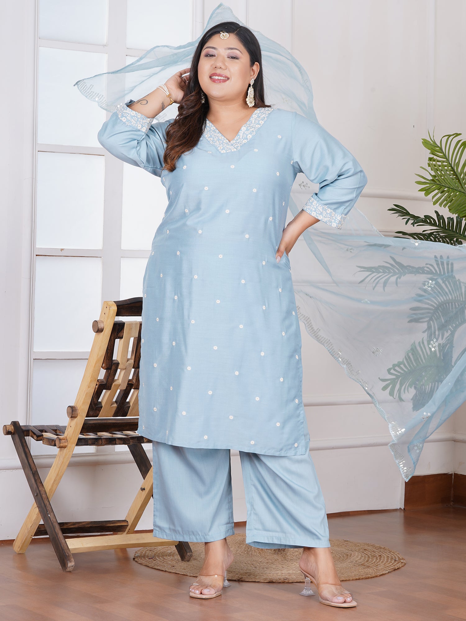 Plus Size Floral Embroidered Sequinned Straight Kurta With Palazzos & Dupatta