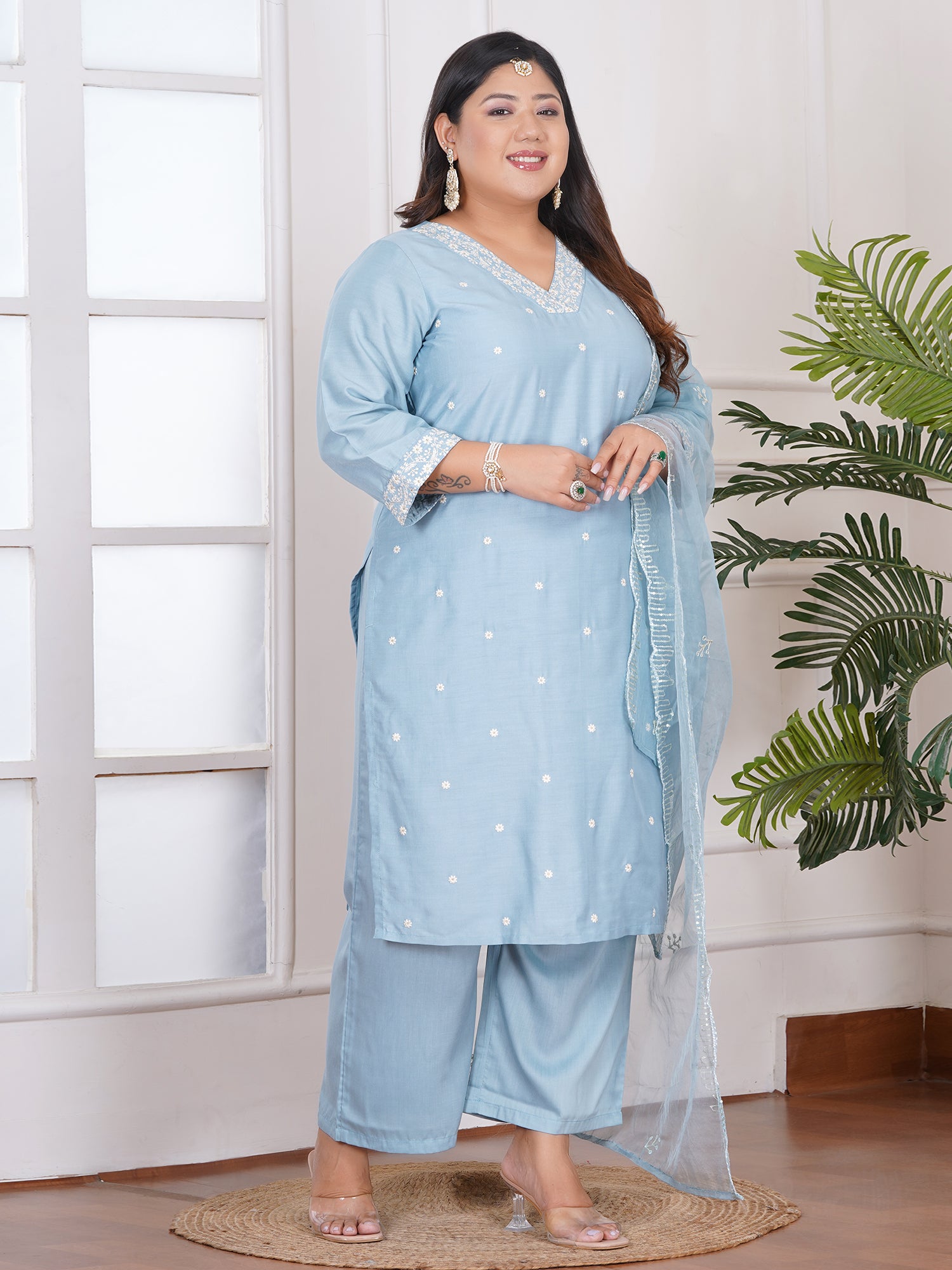 Plus Size Floral Embroidered Sequinned Straight Kurta With Palazzos & Dupatta