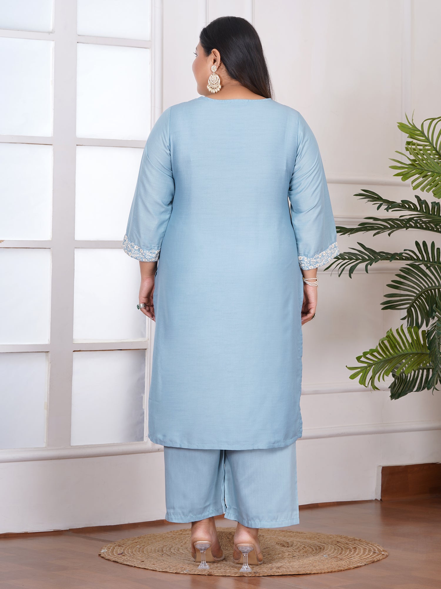 Plus Size Floral Embroidered Sequinned Straight Kurta With Palazzos & Dupatta