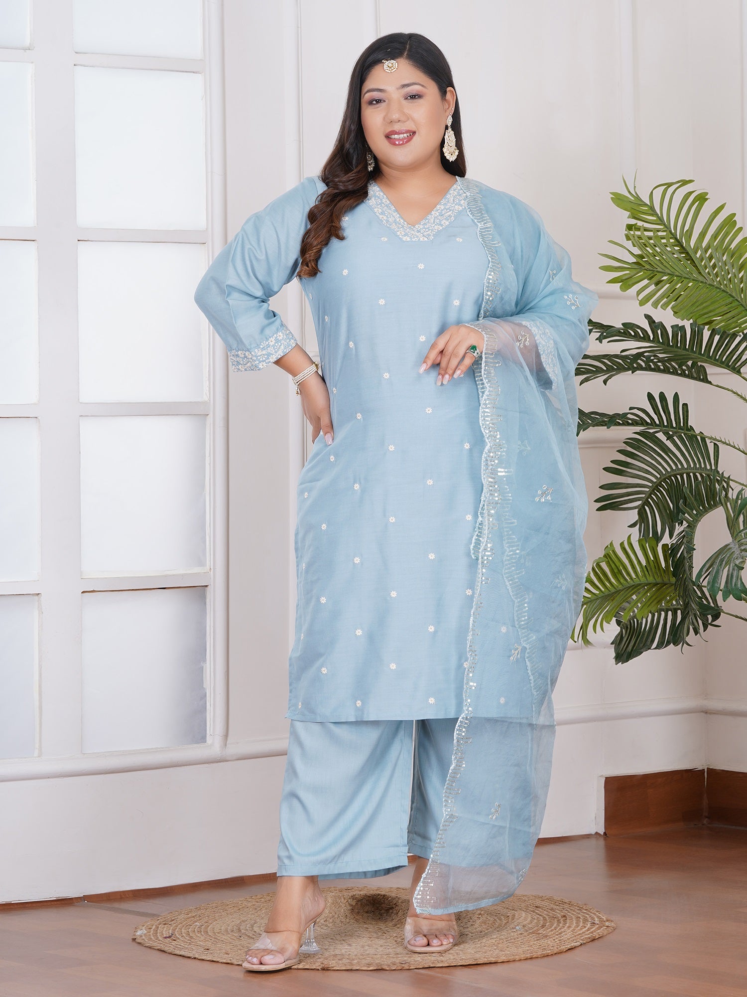 Plus Size Floral Embroidered Sequinned Straight Kurta With Palazzos & Dupatta