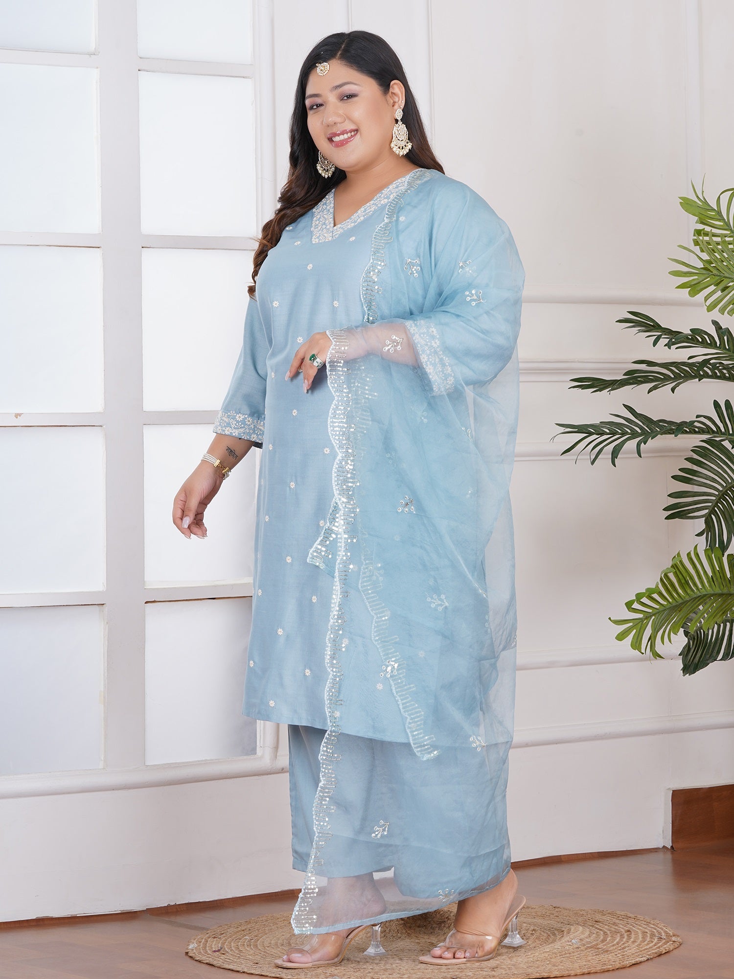 Plus Size Floral Embroidered Sequinned Straight Kurta With Palazzos & Dupatta