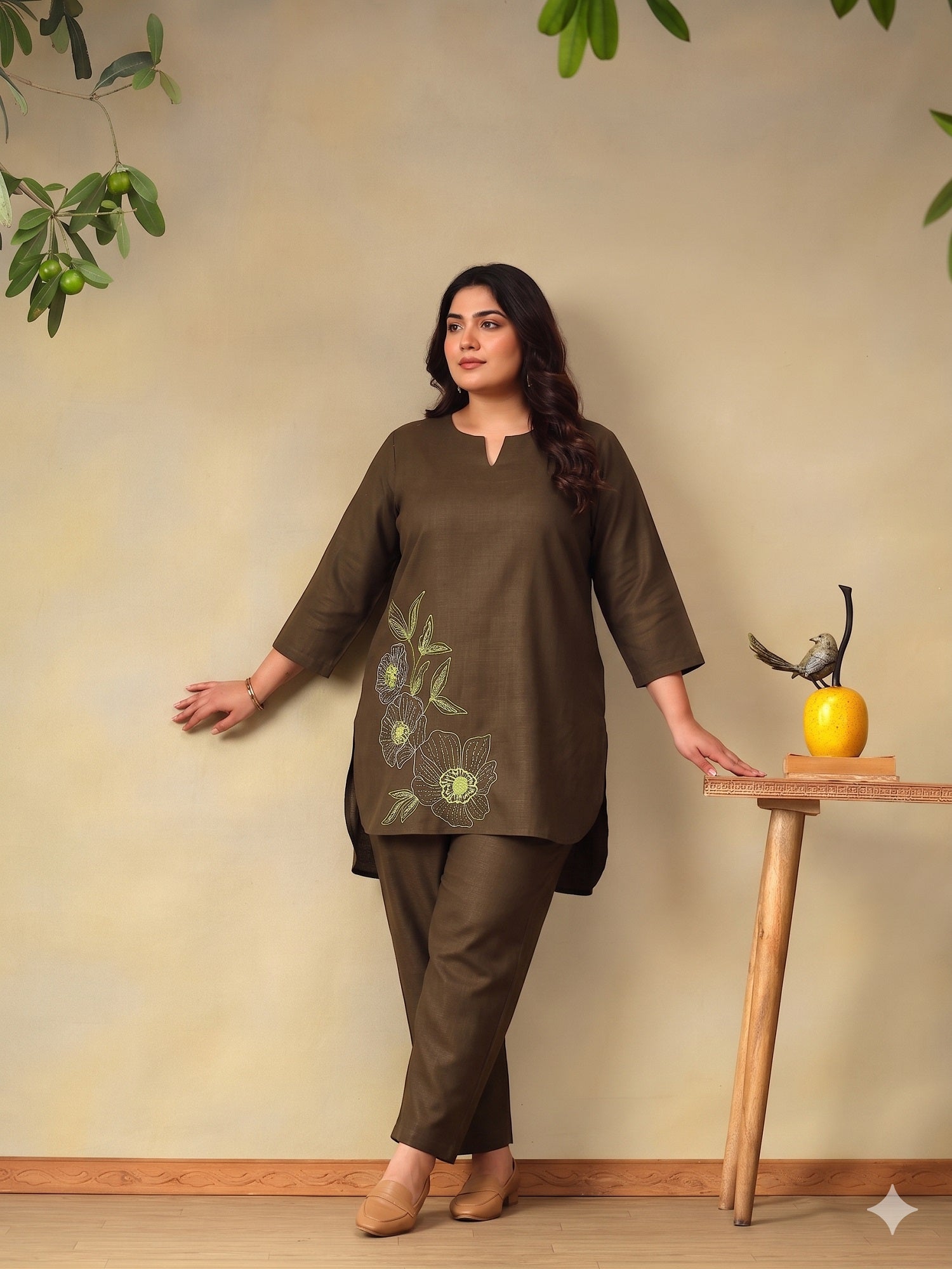 Plus Size Floral Embroidered Tunic with Trousers Co-Ord Set