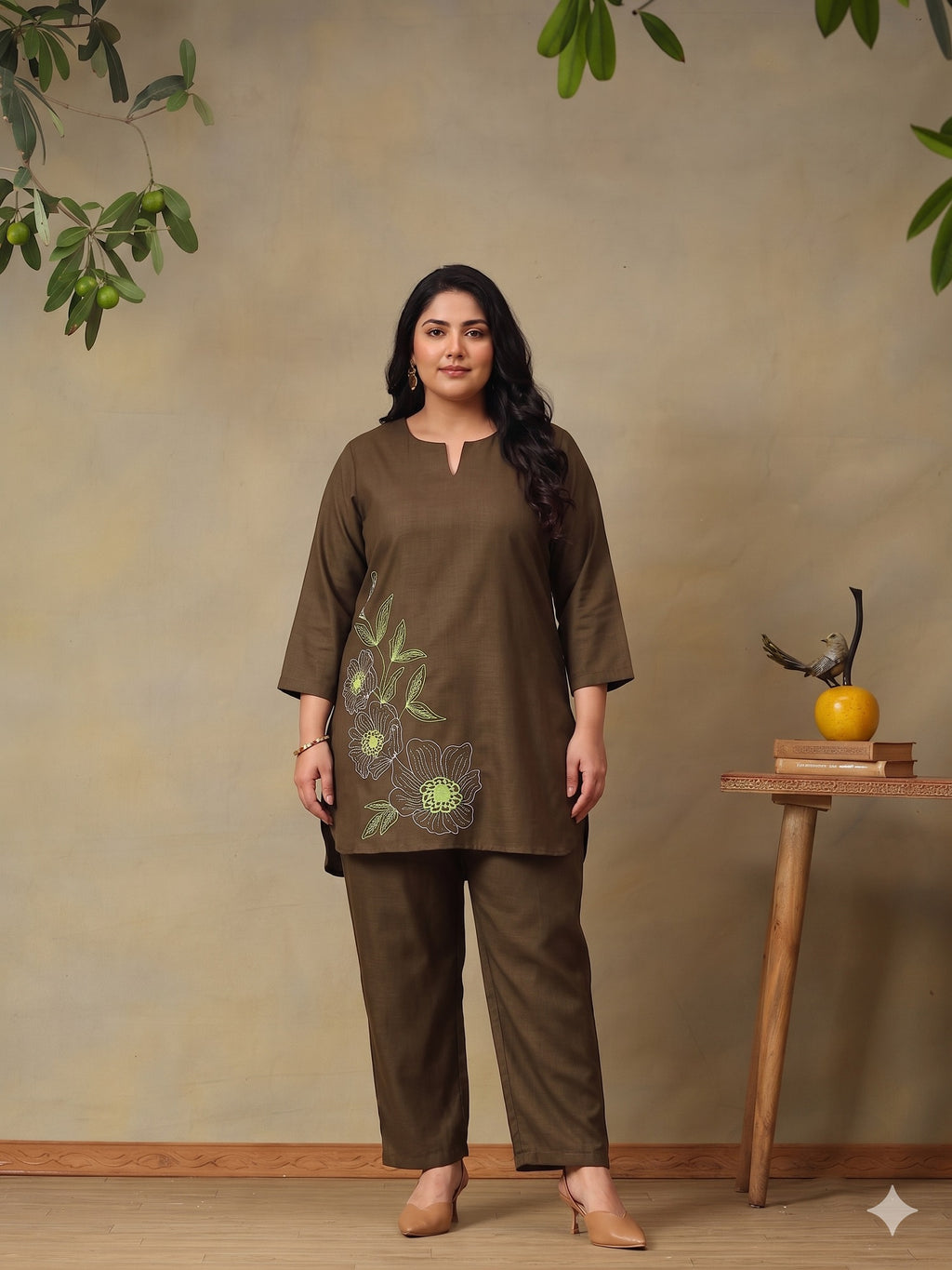 Plus Size Floral Embroidered Tunic with Trousers Co-Ord Set