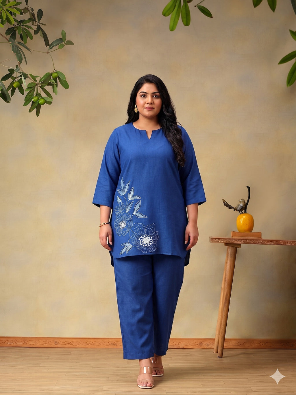 Plus Size Floral Embroidered Tunic with Trousers Co-Ord Set