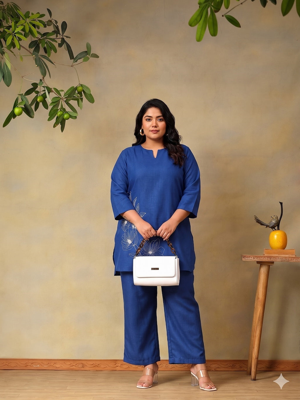 Plus Size Floral Embroidered Tunic with Trousers Co-Ord Set