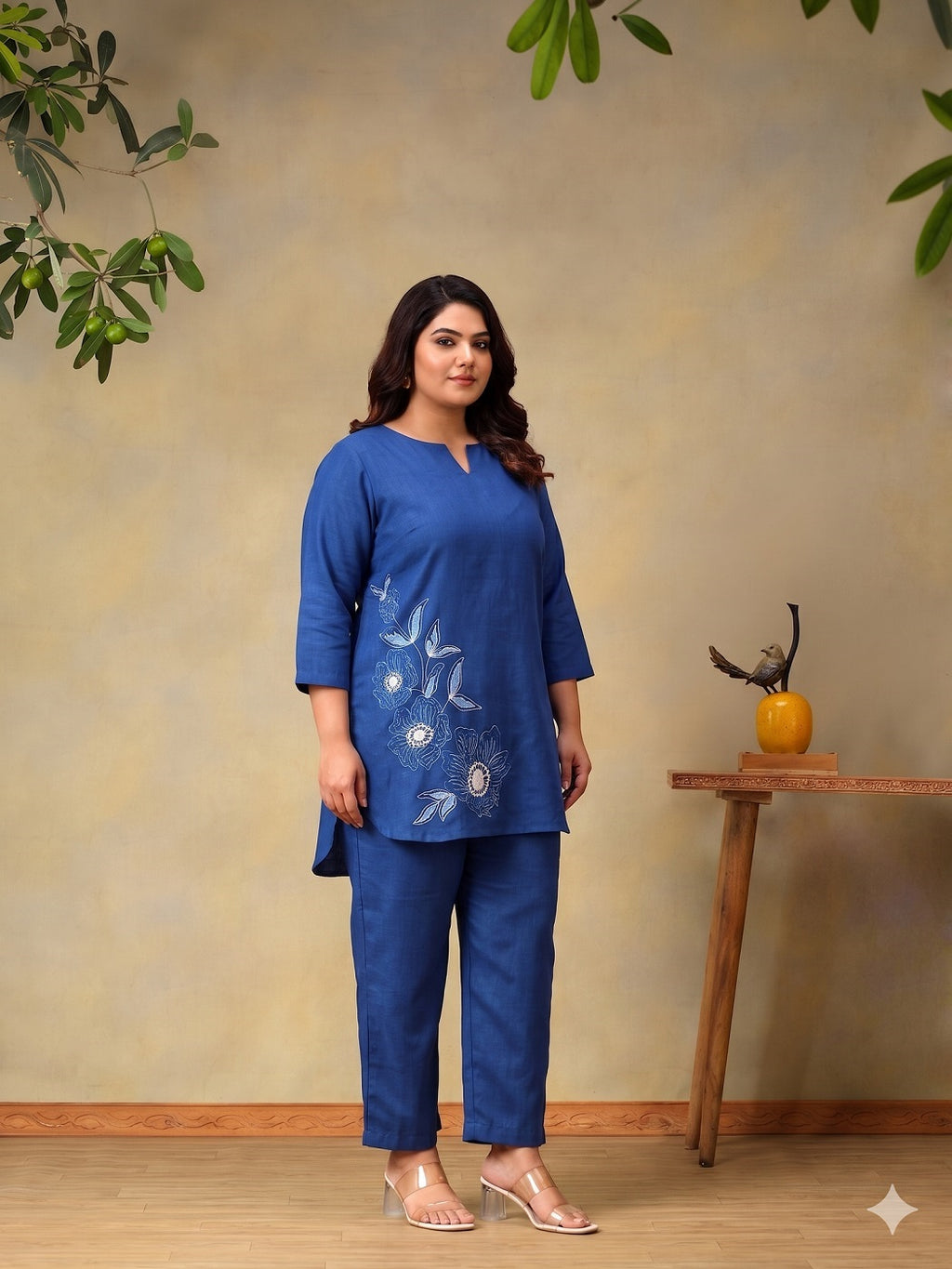 Plus Size Floral Embroidered Tunic with Trousers Co-Ord Set