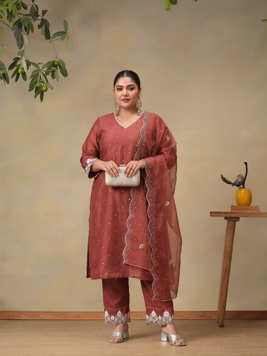 Plus Size Ethnic Motifs Embroidered Regular Thread Work Kurta with Trousers & With Dupatta