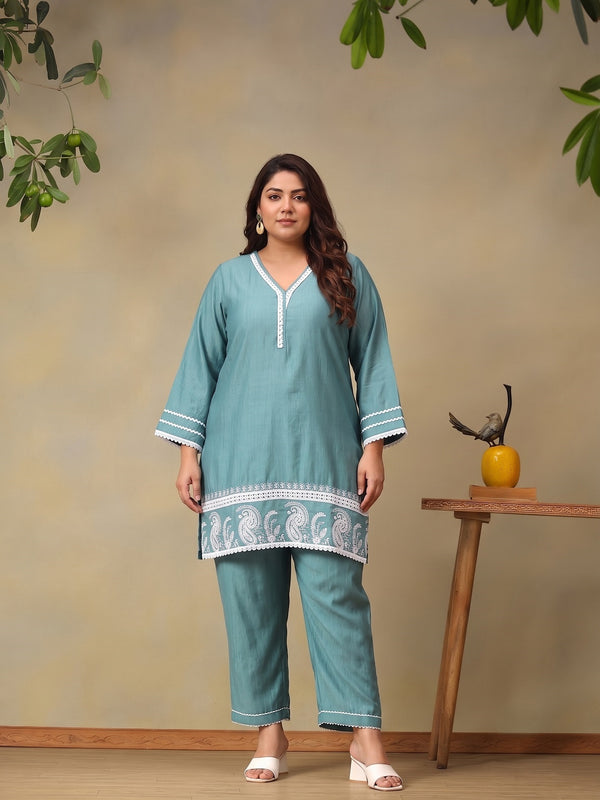 Plus Size Aqua Printed Straight Co-Ord Set