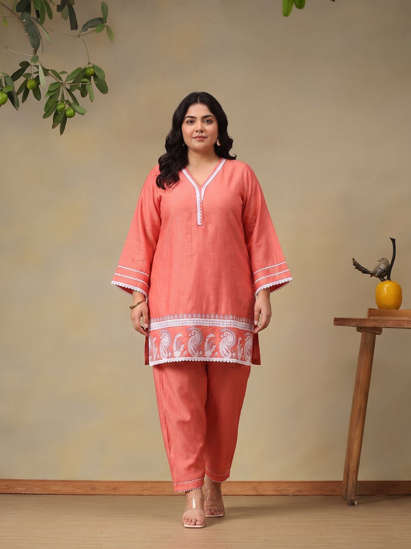 Plus Size Peach Printed Straight Co-Ord Set