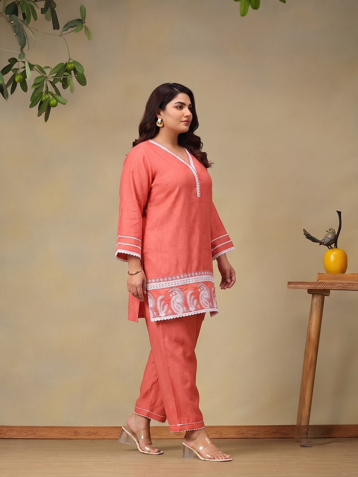 Plus Size Peach Printed Straight Co-Ord Set