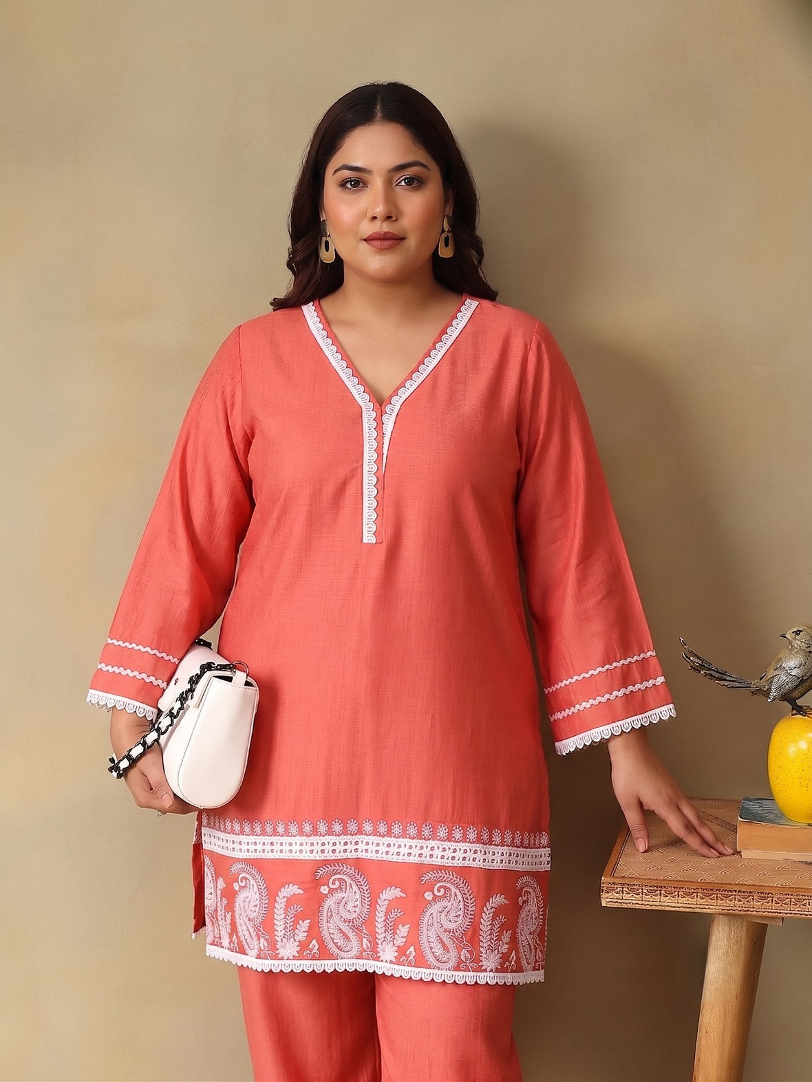Plus Size Peach Printed Straight Co-Ord Set