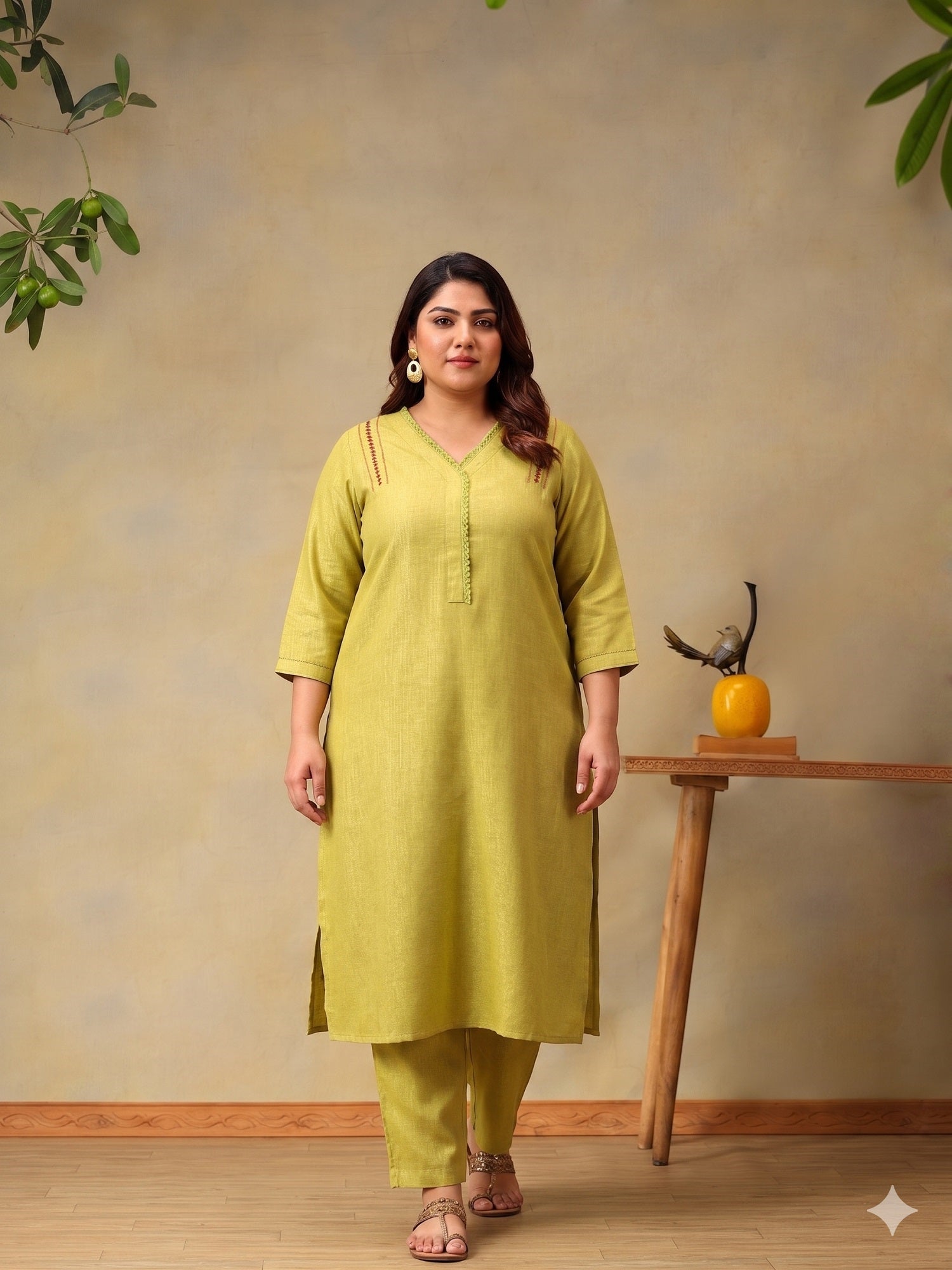 Plus Size Women Regular Thread Work Linen Kurta with Trousers