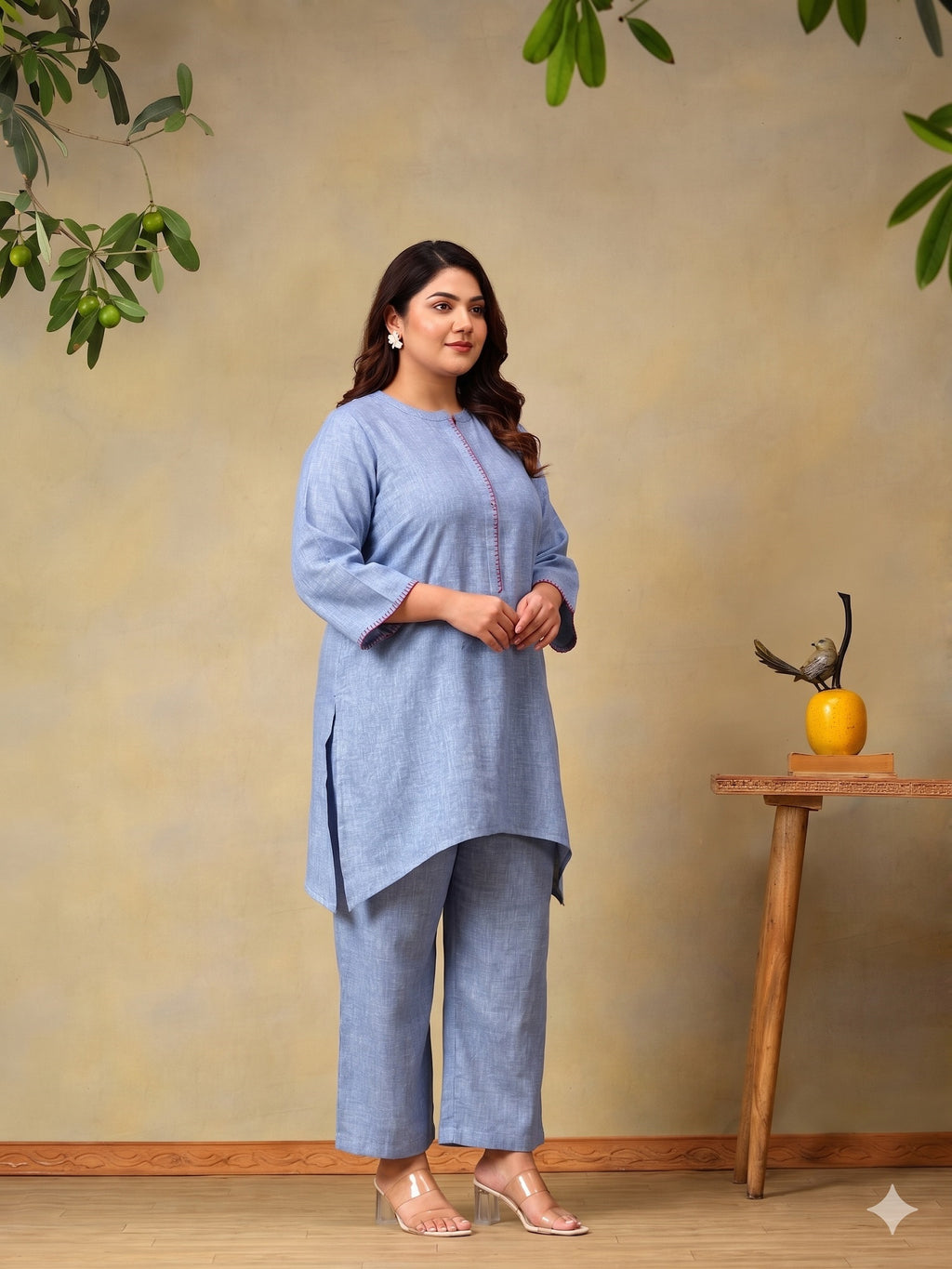 Plus Size Women Regular Thread Work Linen Kurta with Trousers