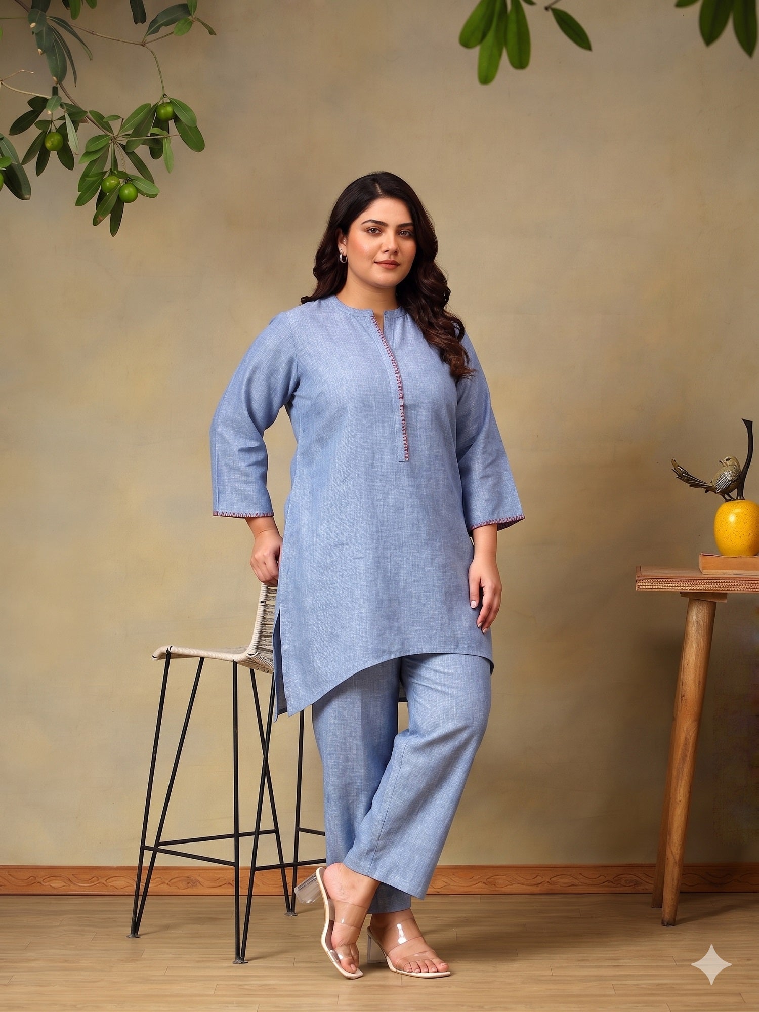 Plus Size Women Regular Thread Work Linen Kurta with Trousers