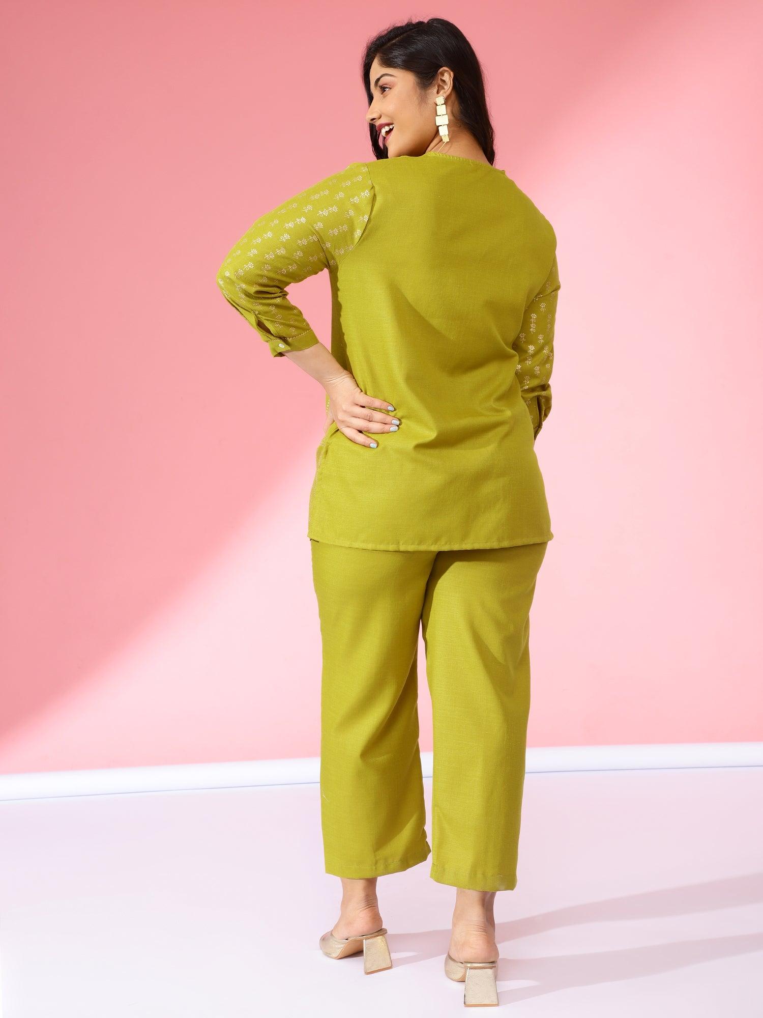 Arzoo Plus Size Women Green Embroided Co-Ord Set