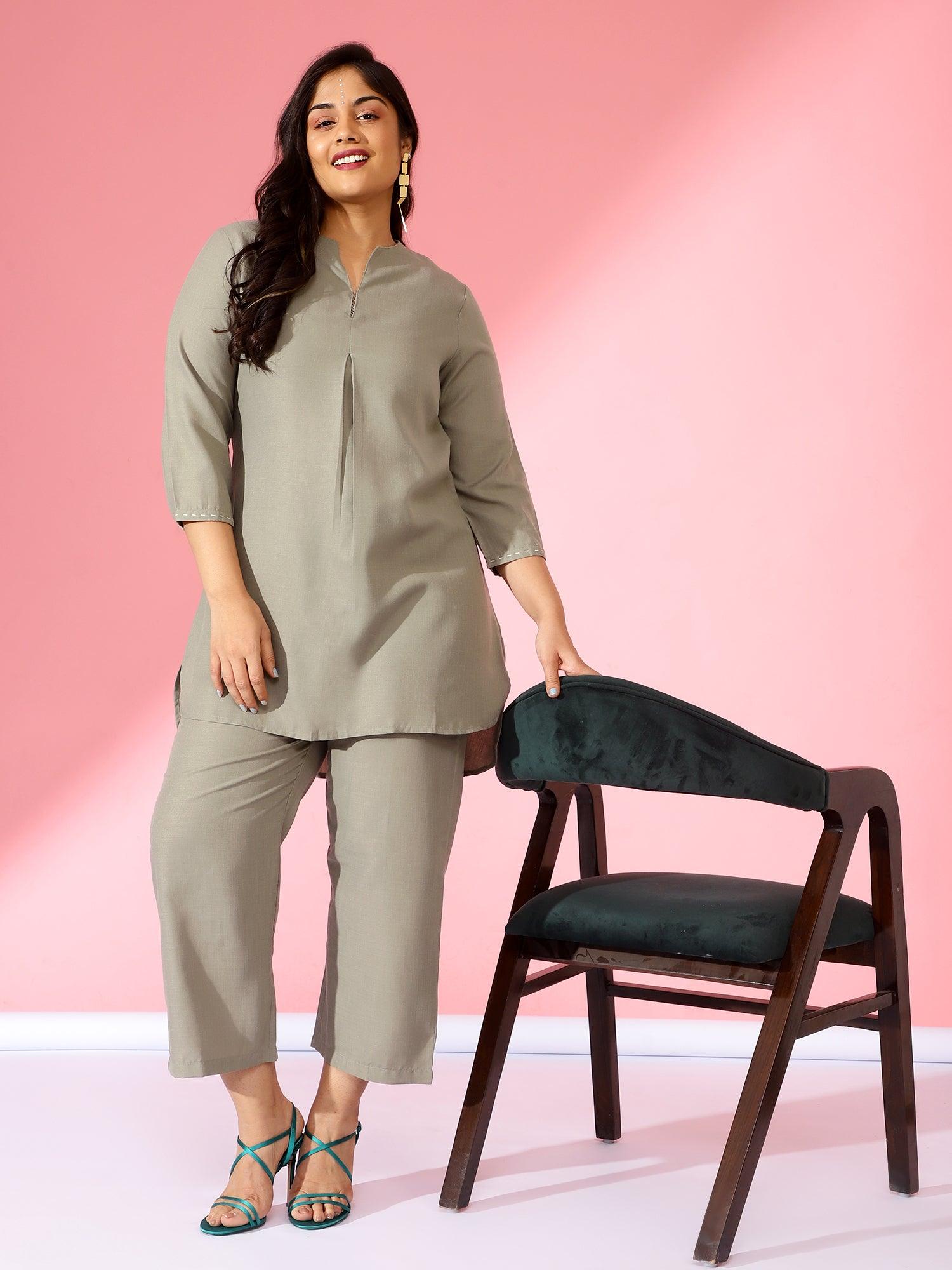 Plus Size Women Embroided Co-Ord Set Grey