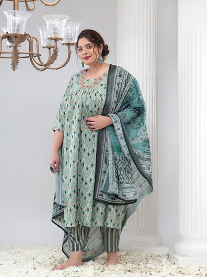 Plus Size Women Printed Kurta Dupatta Set