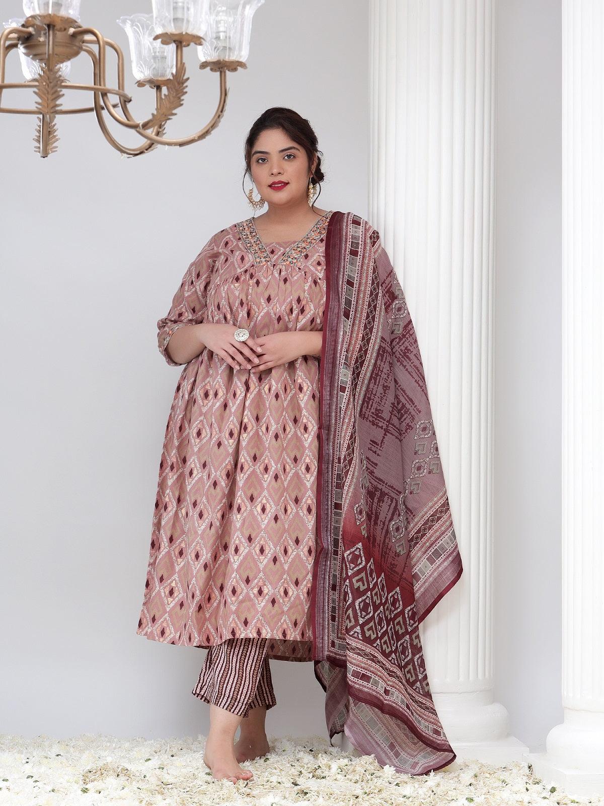 Plus Size Women Printed Kurta Dupatta Set