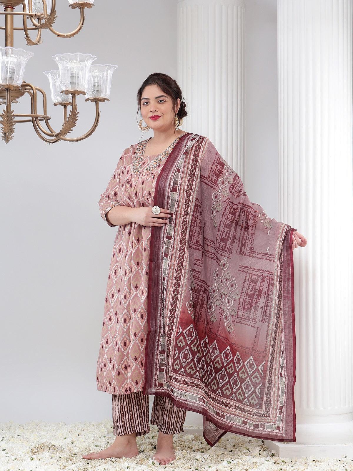 Plus Size Women Printed Kurta Dupatta Set