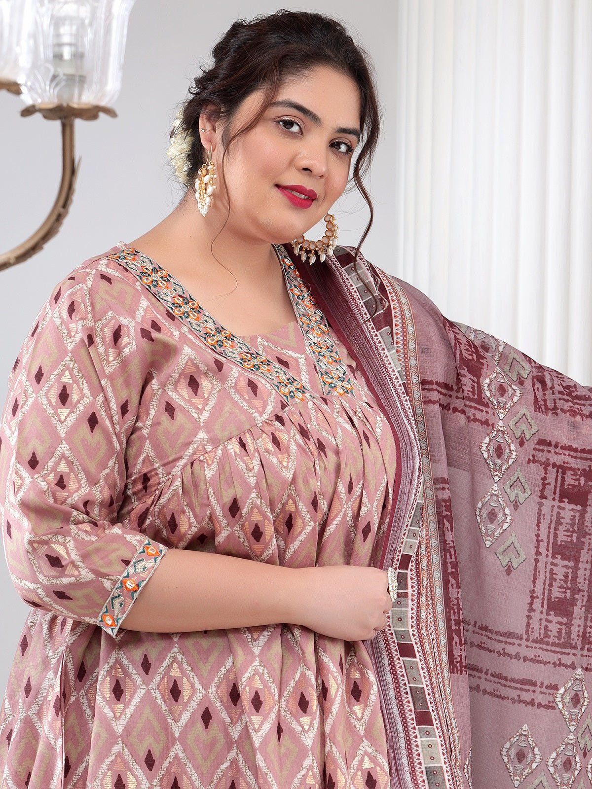 Plus Size Women Printed Kurta Dupatta Set