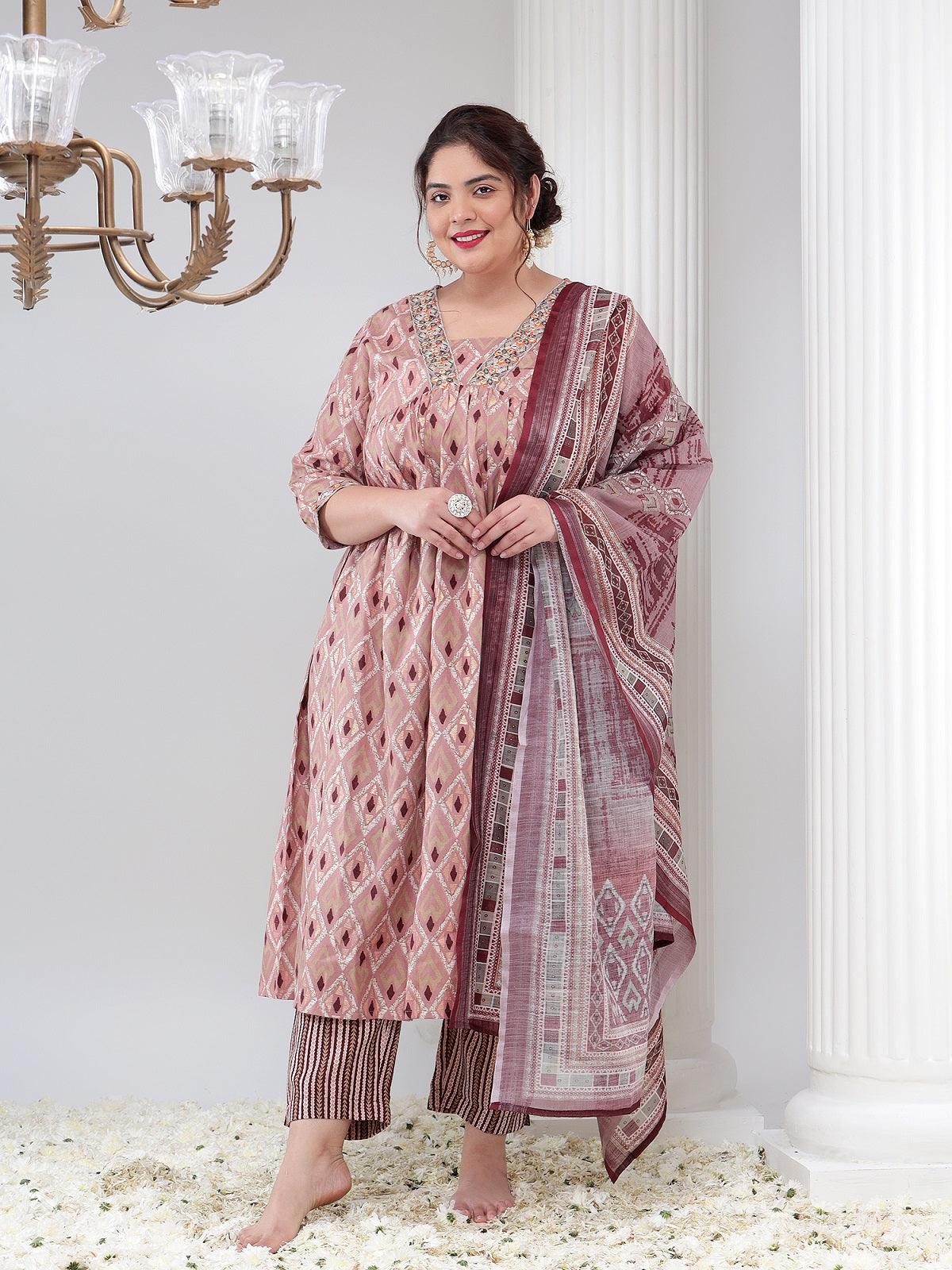 Plus Size Women Printed Kurta Dupatta Set