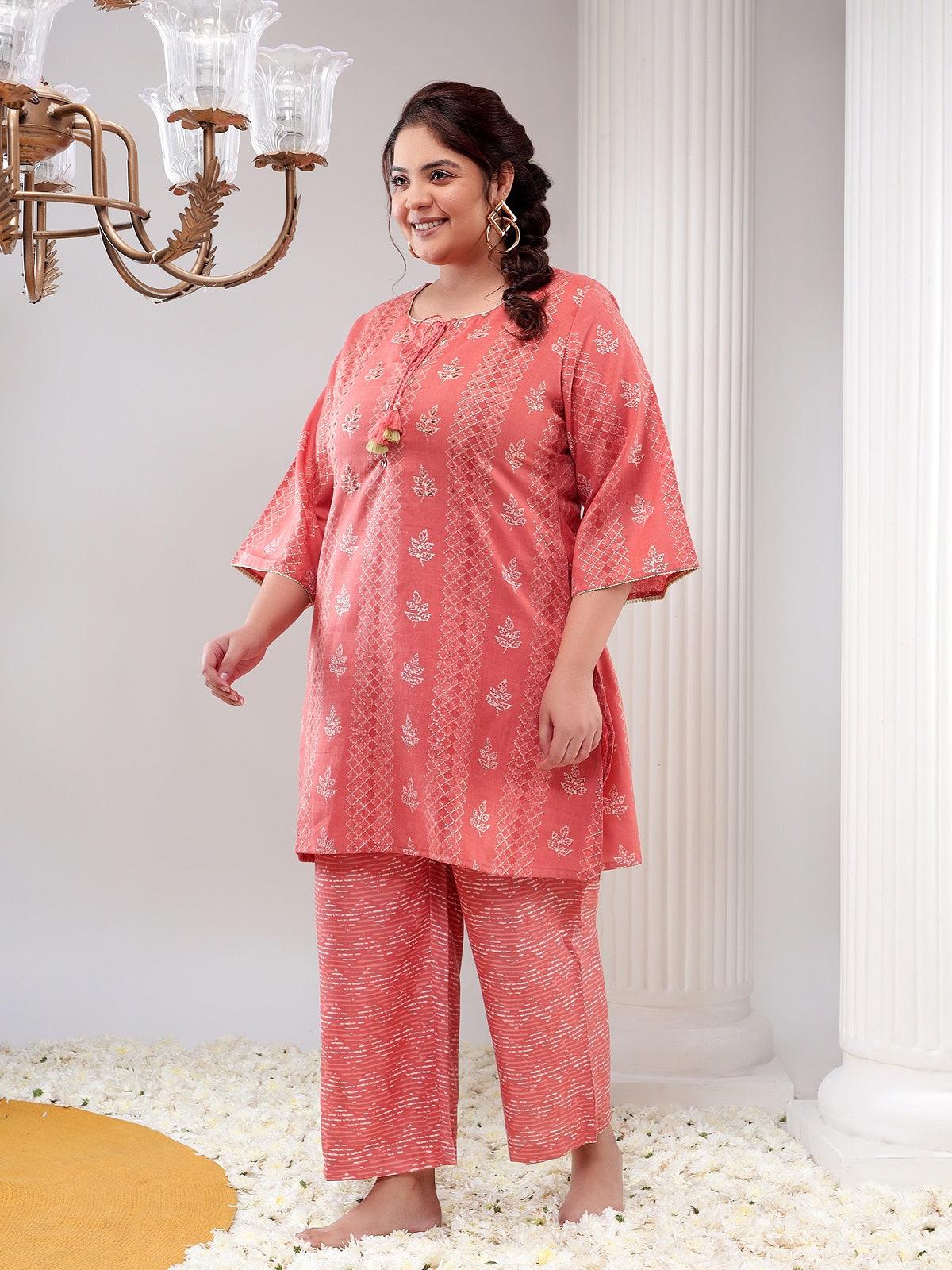 Plus Size Pink Printed Womens Tunic with Pant Co-Ord Set / Round Neck