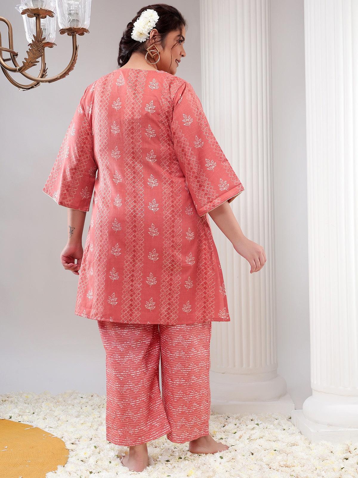 Plus Size Pink Printed Womens Tunic with Pant Co-Ord Set / Round Neck