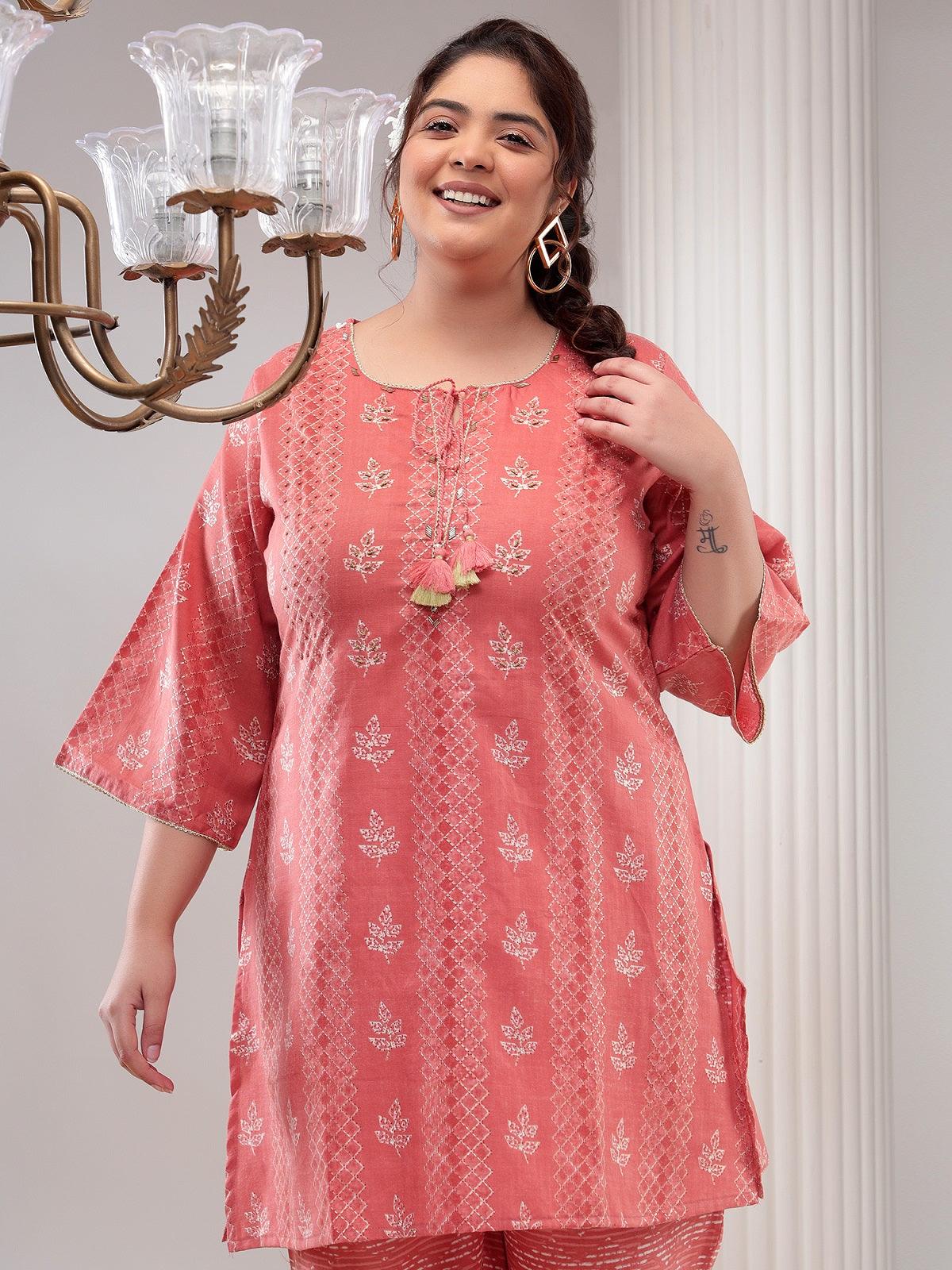 Plus Size Pink Printed Womens Tunic with Pant Co-Ord Set / Round Neck