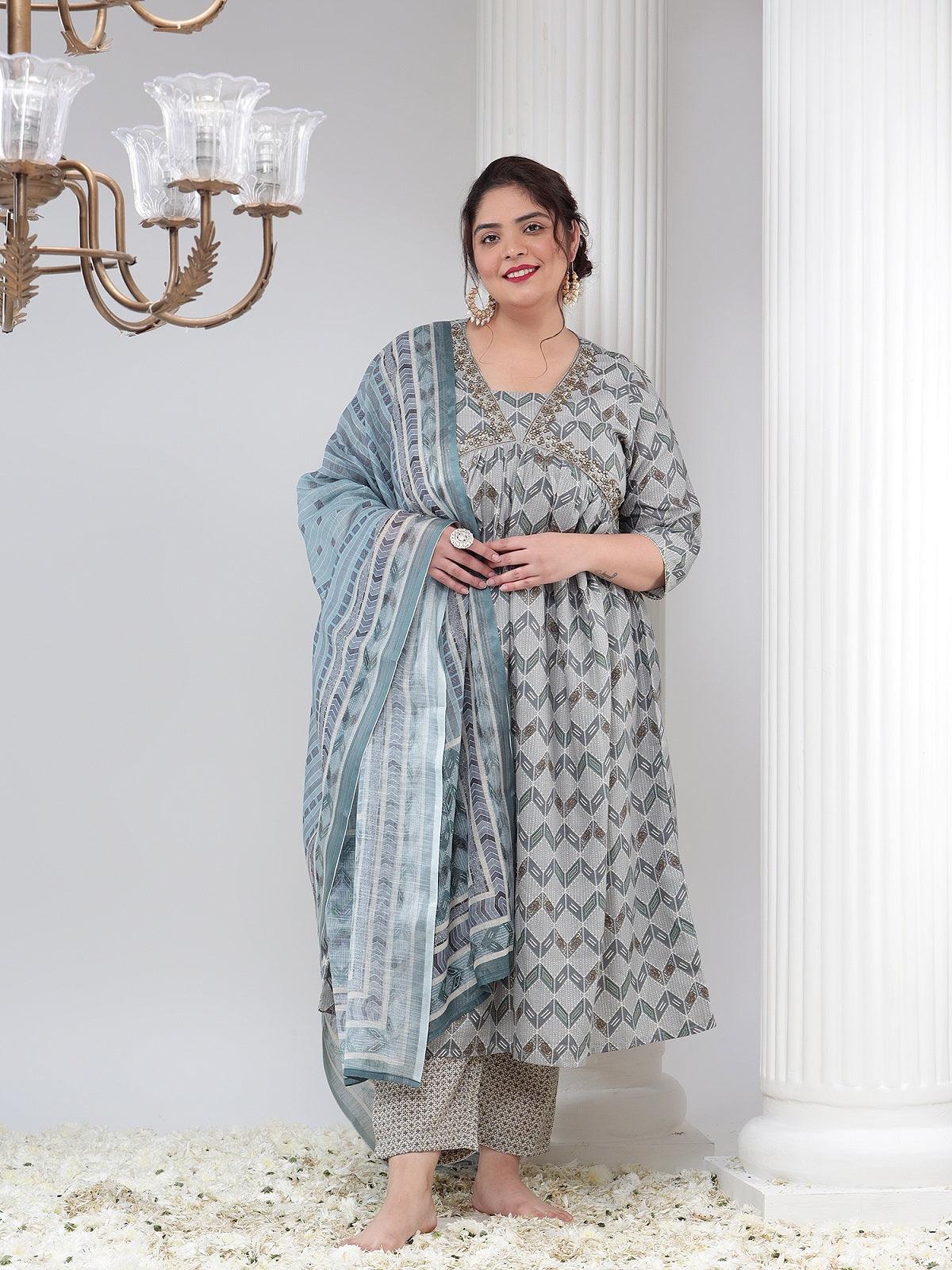 Plus Size Women Printed Kurta Dupatta Set