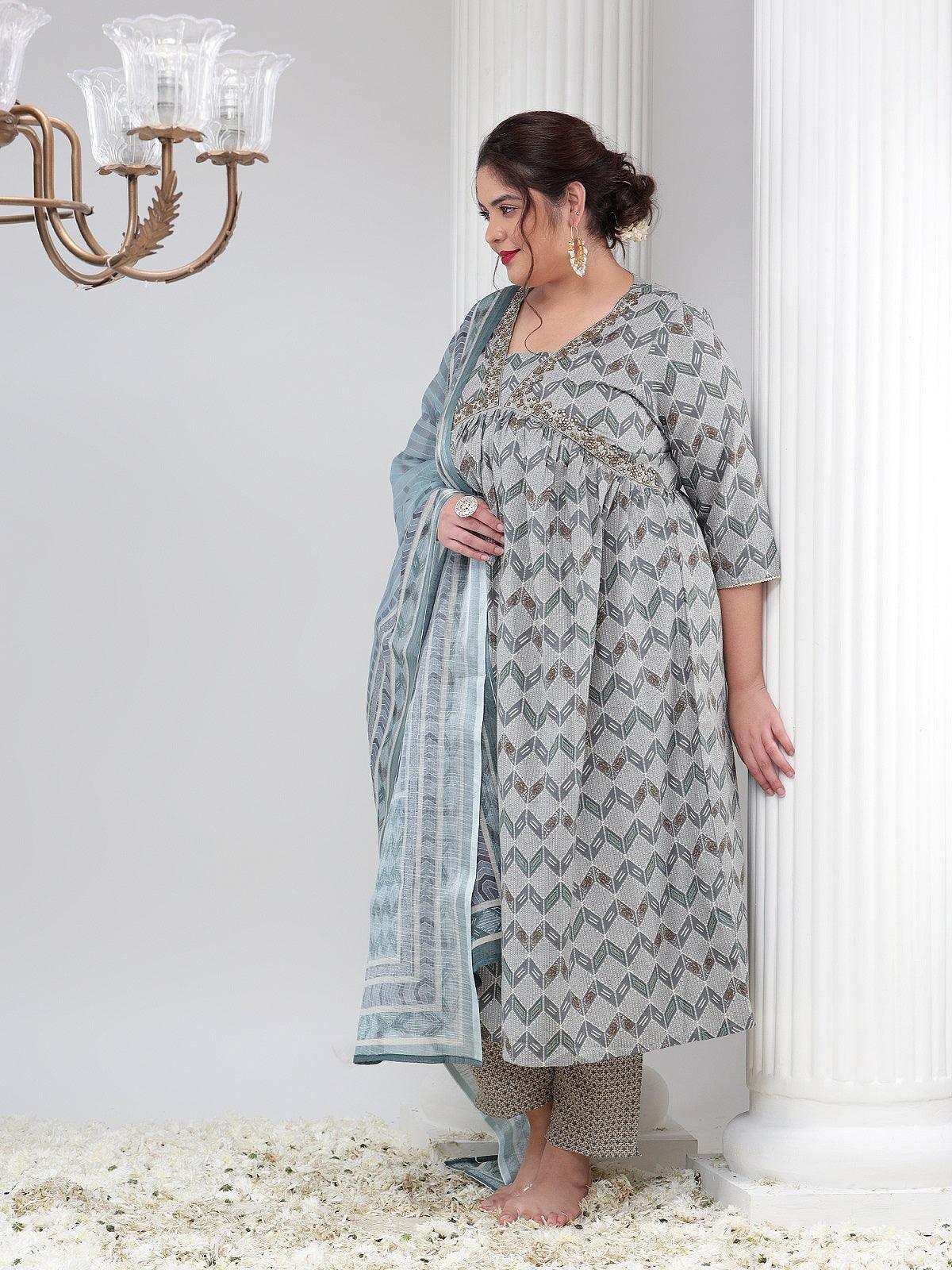 Plus Size Women Printed Kurta Dupatta Set