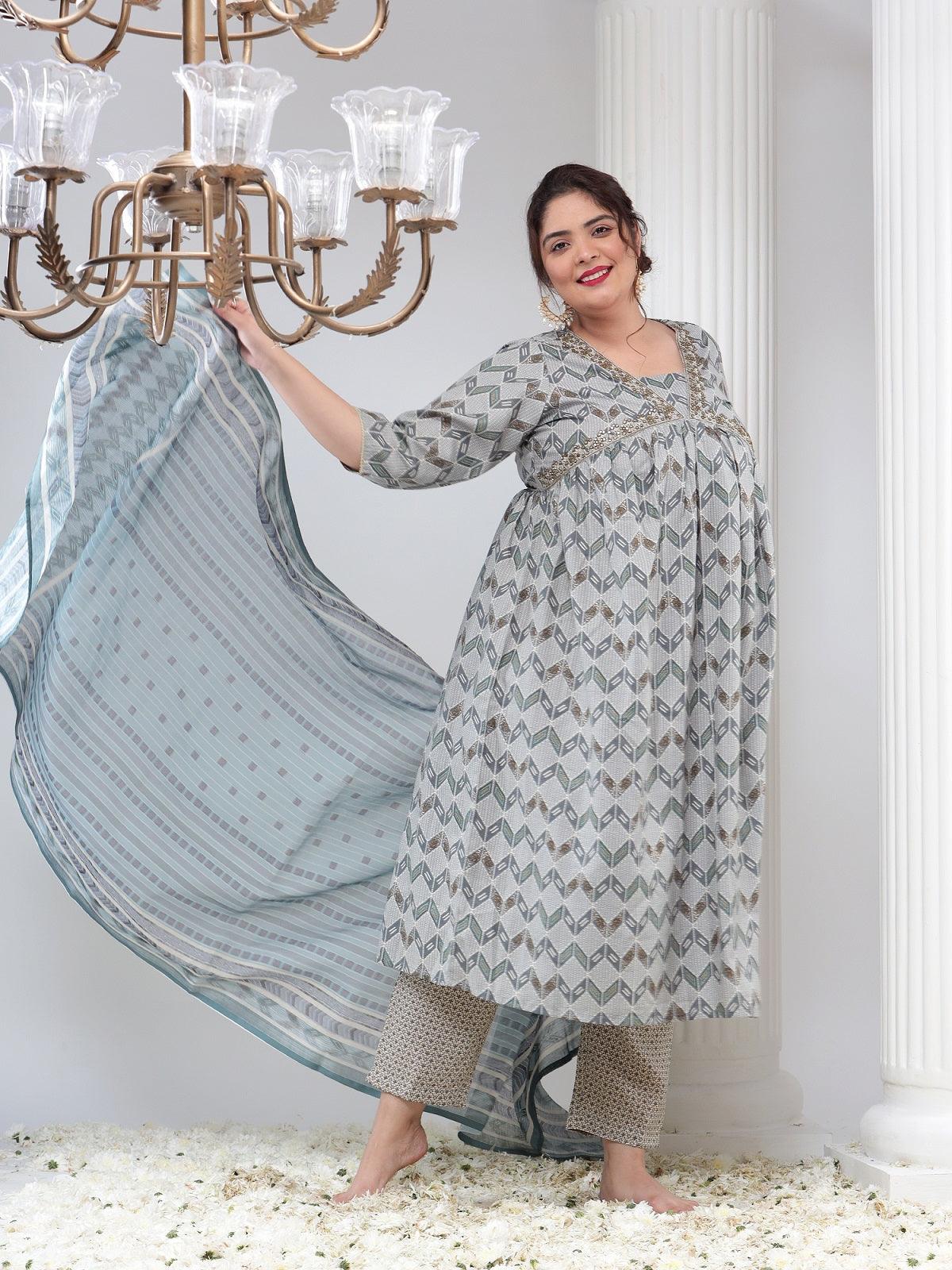 Plus Size Women Printed Kurta Dupatta Set