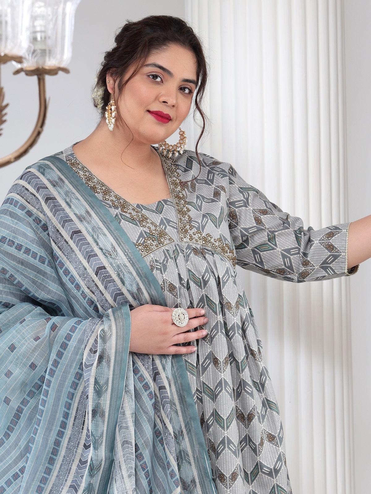 Plus Size Women Printed Kurta Dupatta Set