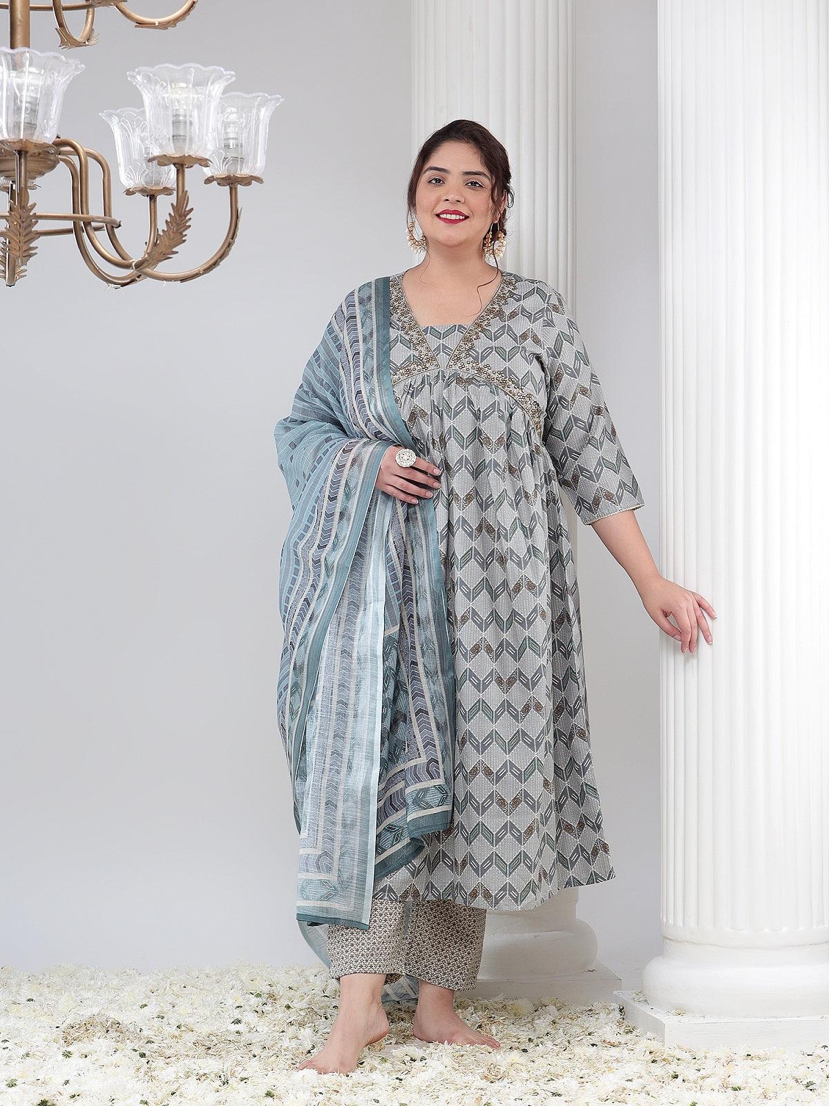 Plus Size Women Printed Kurta Dupatta Set